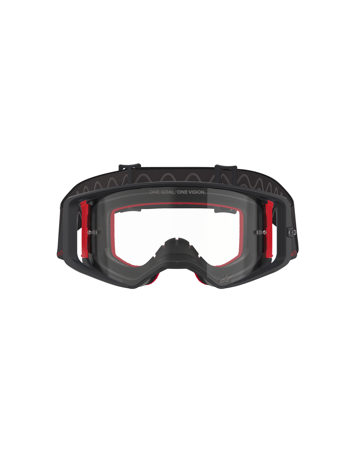 Alpinestars Supertech Corp Goggles, Motocross Goggles, Black Red and Clear, front view, clear lens with 'ONE GOAL. ONE VISION.' text, black frame with red side accents, wide field of vision, durable strap with wavy silicone grip