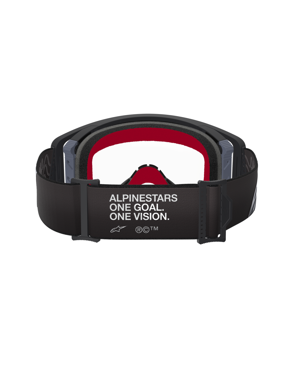 Gafas de motocross Alpinestars Supertech Corp, montura negra y gris con lente transparente, vista trasera con correa negra con el eslogan 'ALPINESTARS ONE GOAL. ONE VISION.' y espuma facial interna roja