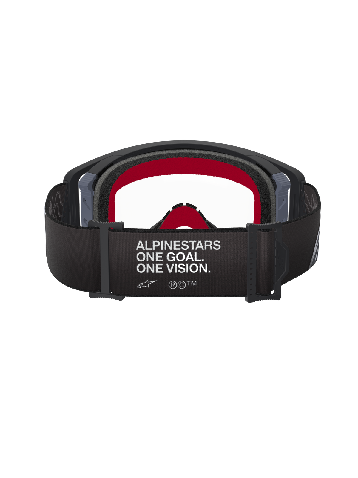 Gafas Alpinestars Supertech Corp, negro y gris, vista trasera que muestra la ancha correa negra con el texto blanco 'ALPINESTARS ONE GOAL. ONE VISION.', espuma facial interior roja y lente transparente, gafas de motocross de alto rendimiento