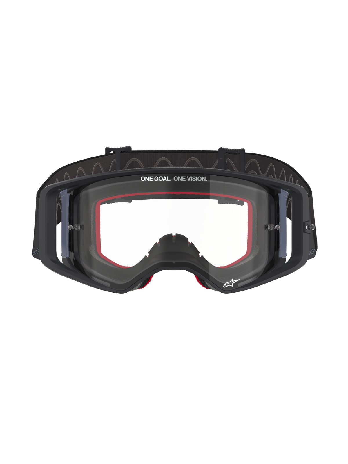 Gafas Alpinestars Supertech Corp, gafas de motocross, montura negra con lente transparente, con espuma facial interna roja, texto 'ONE GOAL. ONE VISION.' en la parte superior de la lente y correa negra con reverso de silicona, gafas profesionales para competición off-road