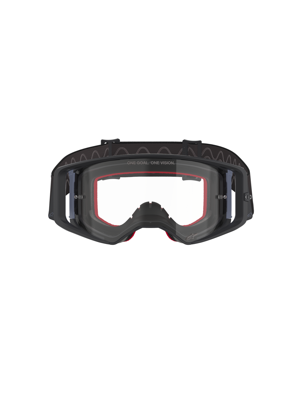 Gafas Alpinestars Supertech Corp, gafas de motocross, negras y grises con lente transparente, vista frontal con espuma interior roja y correa ajustable ancha de color negro, gafas de alto rendimiento para off-road