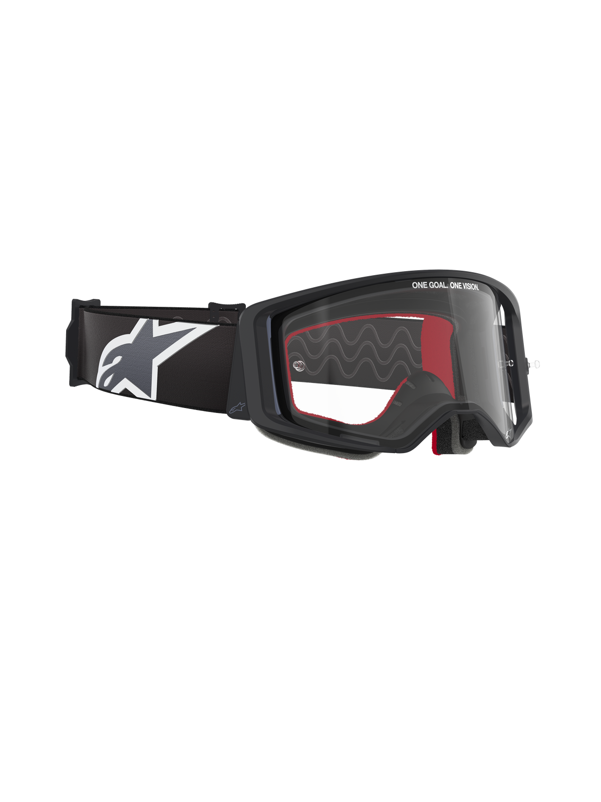 Gafas Alpinestars Supertech Corp, gafas de motocross, montura negra con lente transparente, correa ajustable negra con logotipo de estrella Alpinestars en blanco, detalles interiores de espuma roja, protección ocular profesional para carreras off-road
