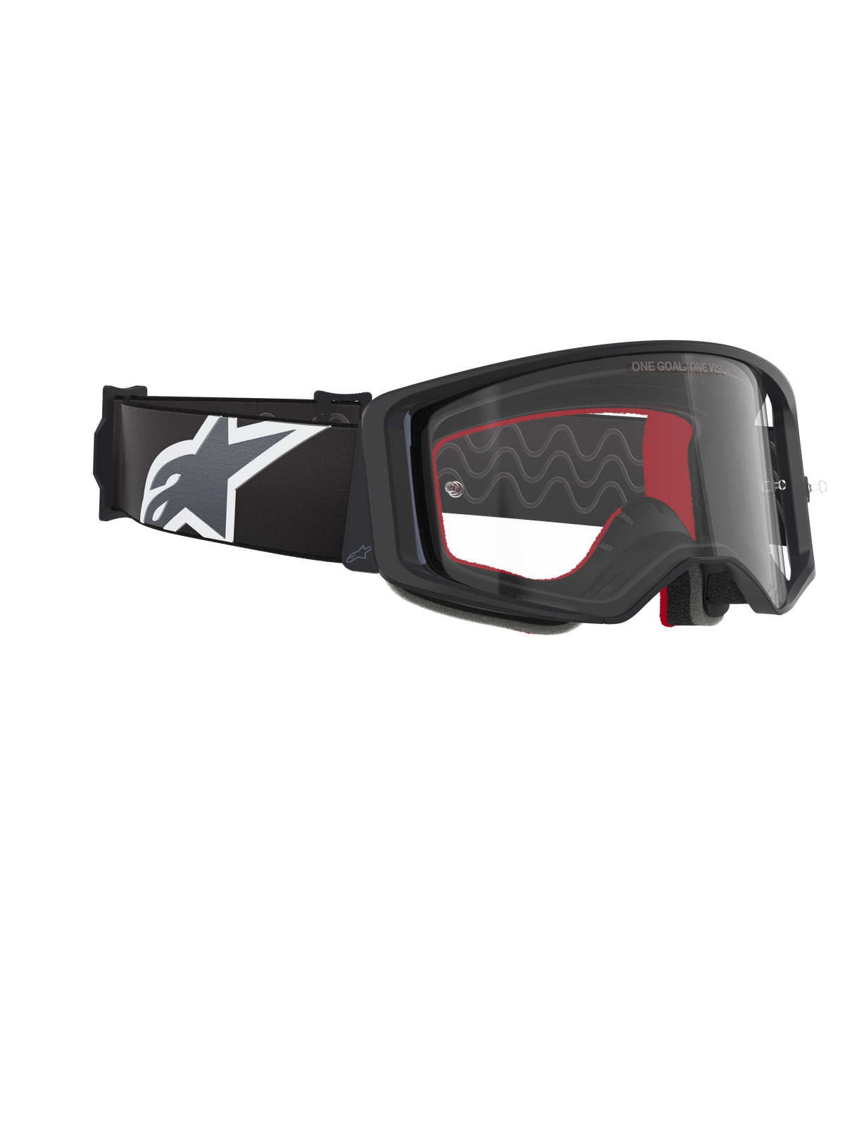 Gafas Alpinestars Supertech Corp, gafas de motocross, negro, gris y transparente, con lente de policarbonato transparente, correa ancha negra con logotipo Astars en gris y blanco, espuma facial moldeada en 3D, protección ocular de alto rendimiento para carreras fuera de pista