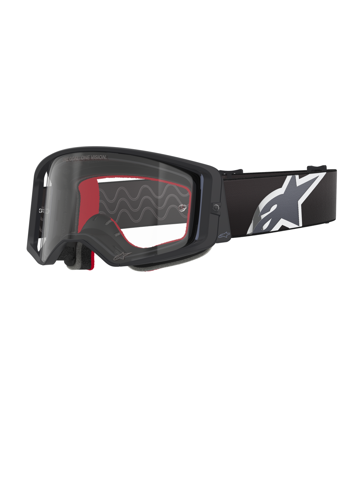 Gafas Alpinestars Supertech Corp, gafas de motocross, negro, gris y transparente, lente de policarbonato transparente con montura negra, espuma facial interna roja, correa ancha ajustable con logotipo de Astars en blanco y gris, gafas protectoras para off-road