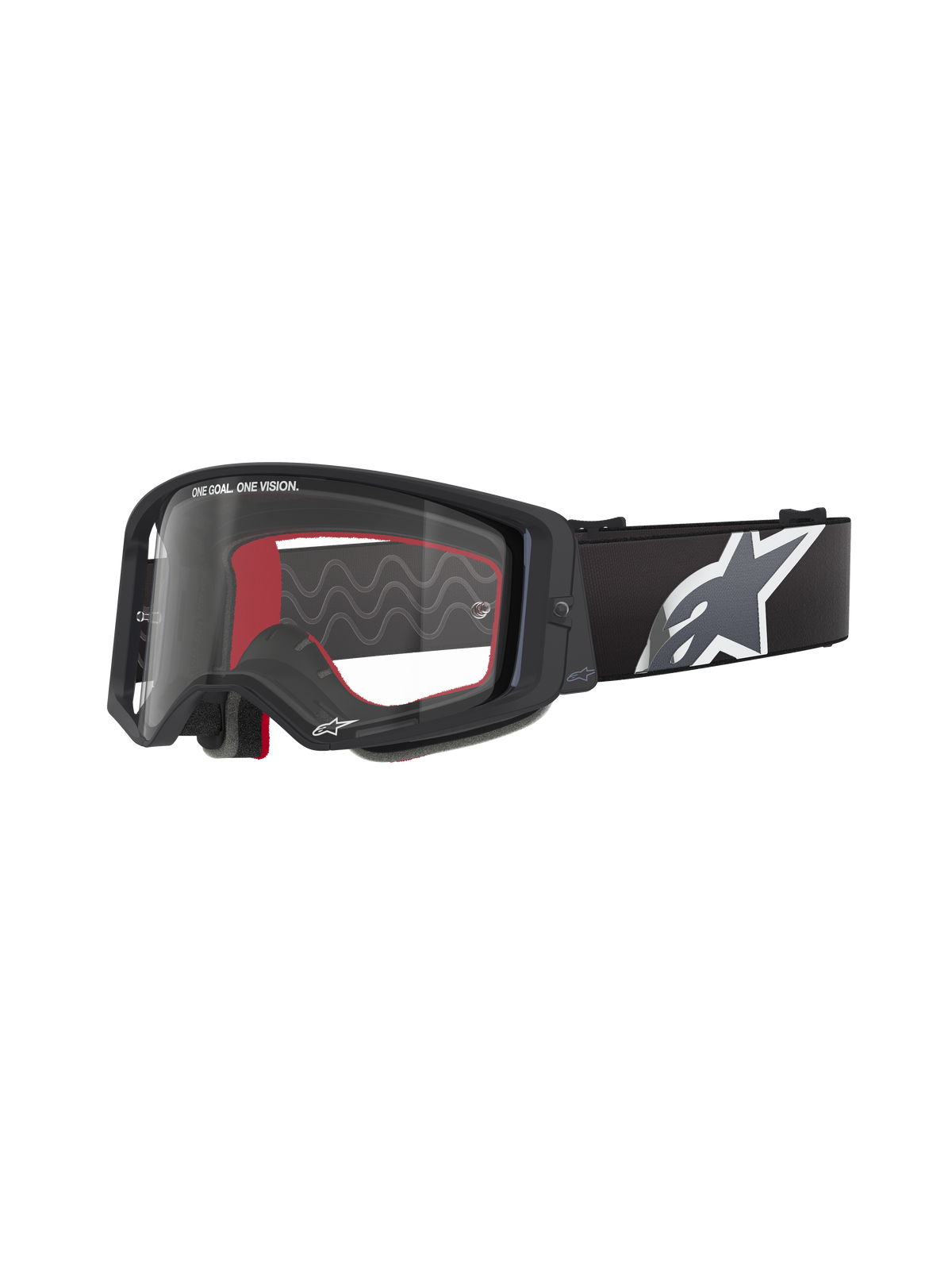 Alpinestars Supertech Corp Goggles, gafas de motocross, negras con interior rojo, lente transparente, correa negra con logotipo de estrella blanca grande, marca "ONE GOAL. ONE VISION.", gafas de alto rendimiento para off-road