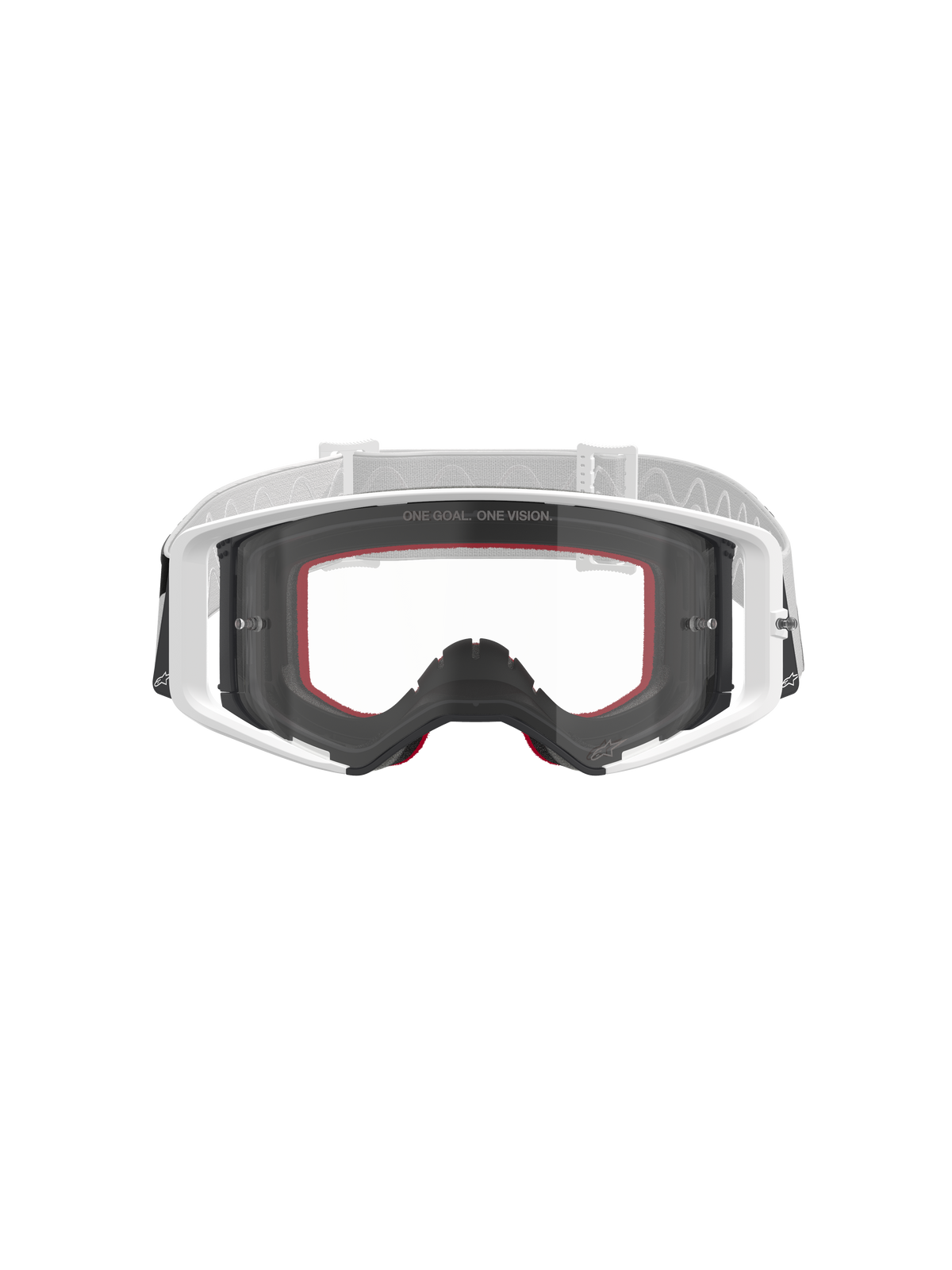 Alpinestars Supertech Corp Goggles, Motocross Goggles, White with Clear Lens, white and light grey adjustable strap, featuring 'ONE GOAL. ONE VISION.' text on the lens, red accents on the face foam, high-performance protective gear for off-road racing