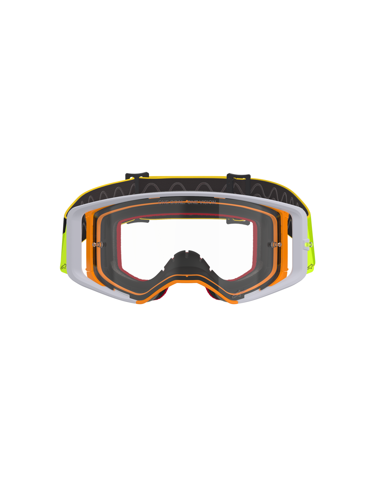 Gafas Alpinestars Supertech Corp, gafas de motocross, montura en amarillo flúor y blanco con lente transparente, detalles en gris, correa ajustable negra con marca en amarillo y agarre interno de silicona, protección ocular de alto rendimiento para carreras todoterreno.