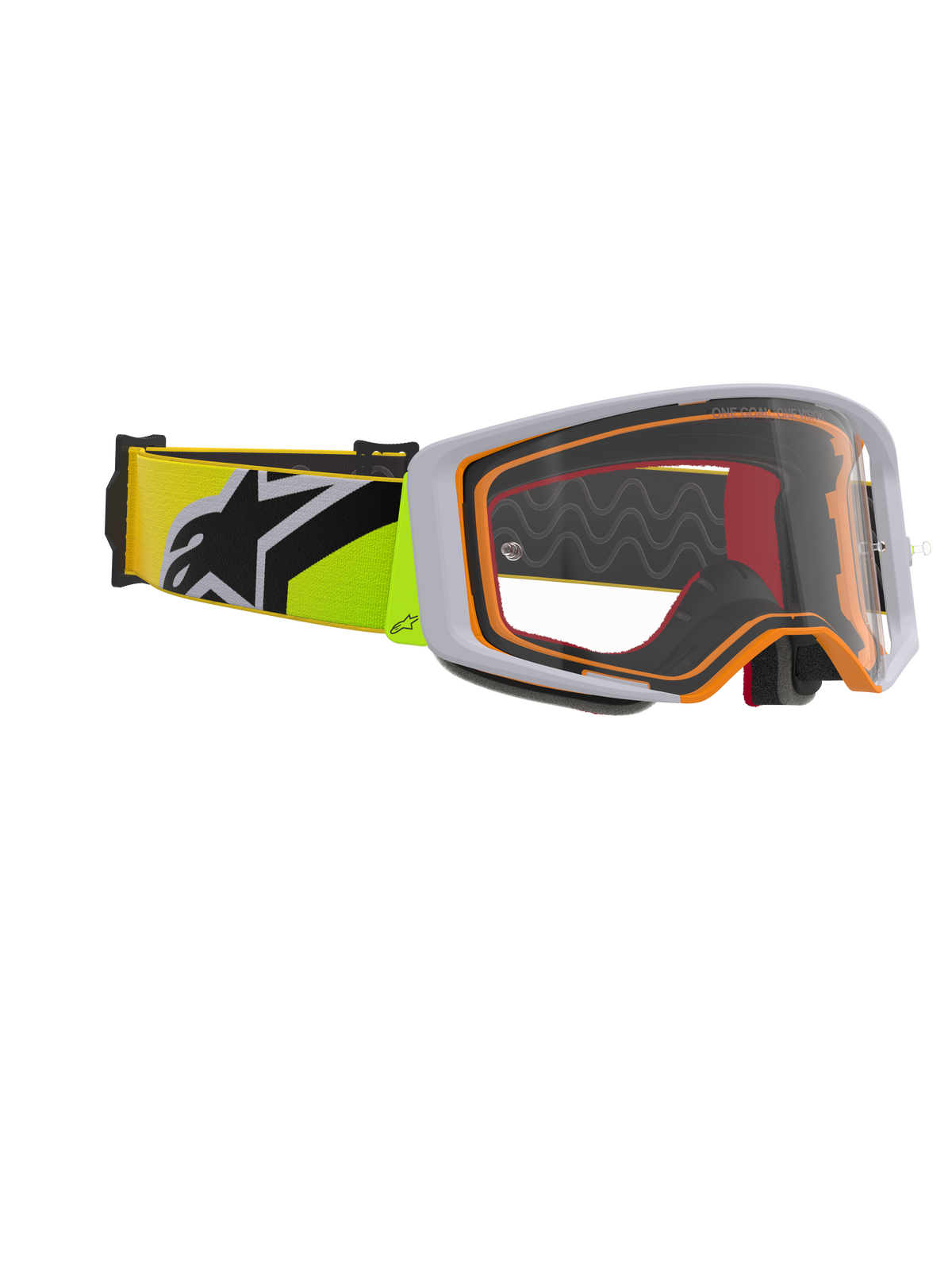 Gafas Alpinestars Supertech Corp, gafas de motocross, amarillo flúor y gris, lente transparente con detalles naranjas en la montura, con correa amarillo flúor y logotipo de Alpinestars en negro para carreras todoterreno