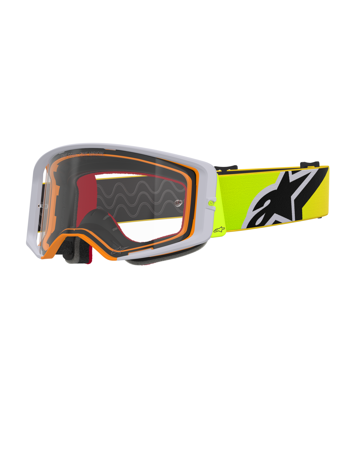 Gafas Alpinestars Supertech Corp, gafas de motocross, amarillo flúor gris transparente, montura exterior gris con sellado interior naranja, lente transparente, correa amarillo brillante con logotipo de Alpinestars en blanco y negro, gafas de alto rendimiento para carreras off-road