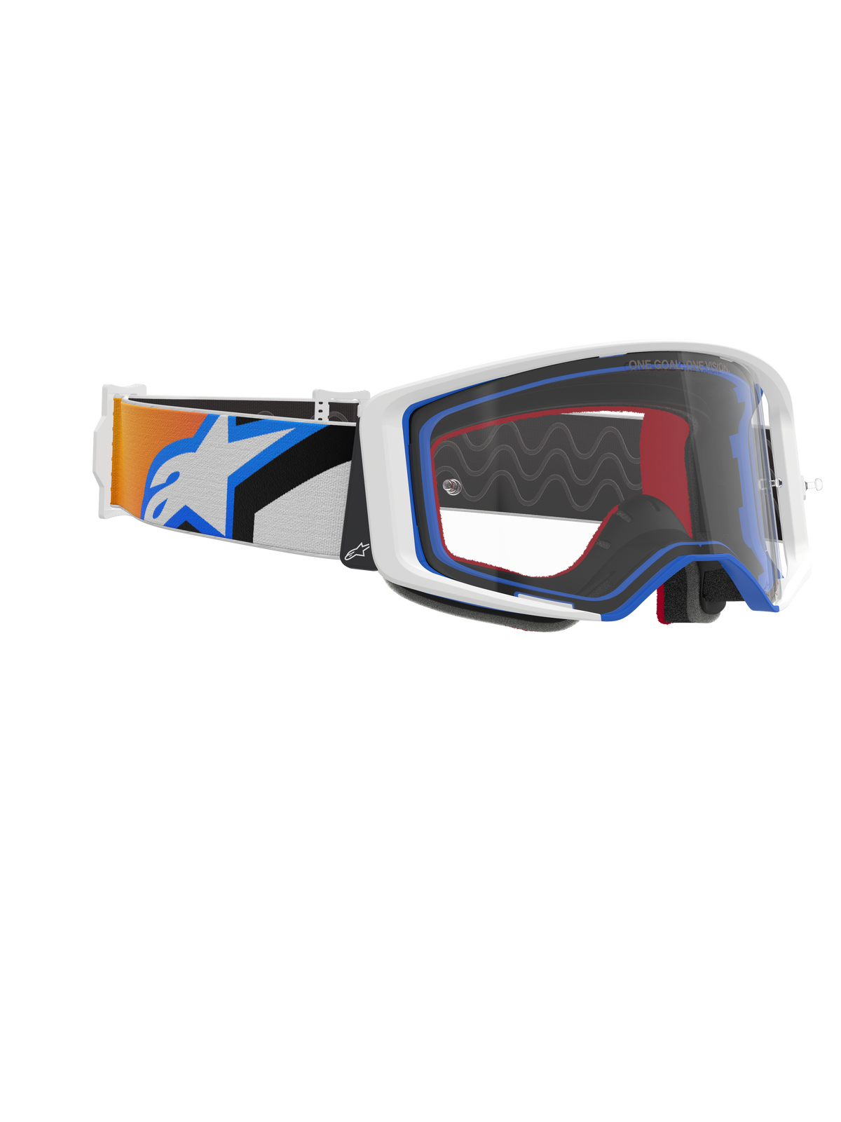 Gafas Alpinestars Supertech Corp, gafas de motocross, azul, naranja y transparente, vista lateral que muestra la lente transparente, montura blanca con detalles en azul y rojo, y correa ancha con gráficos en naranja y azul y un gran logotipo de Alpinestars en blanco.