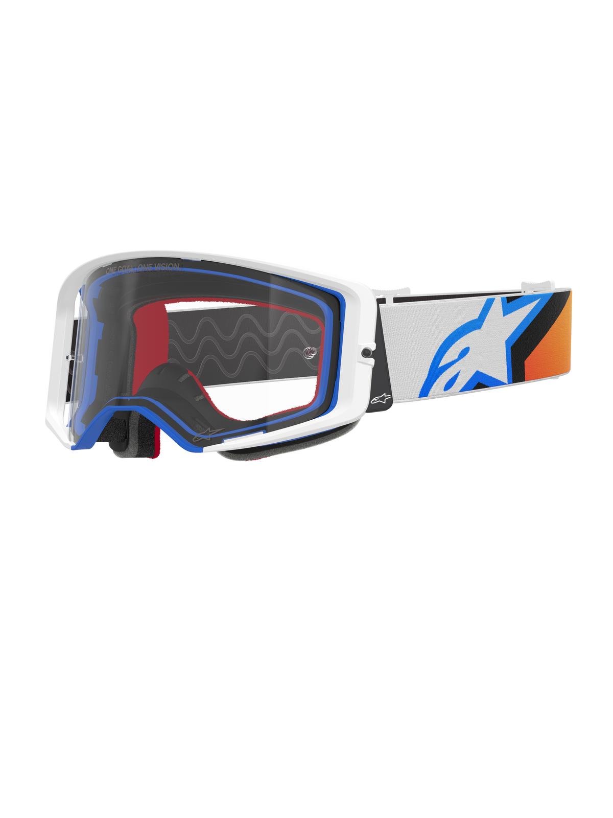 Gafas Alpinestars Supertech Corp, gafas de motocross, azul, naranja y blanco, lente transparente con montura blanca y detalles azules, correa ancha con logotipo de la estrella Alpinestars y agarre de silicona, gafas protectoras de alto rendimiento para carreras todoterreno