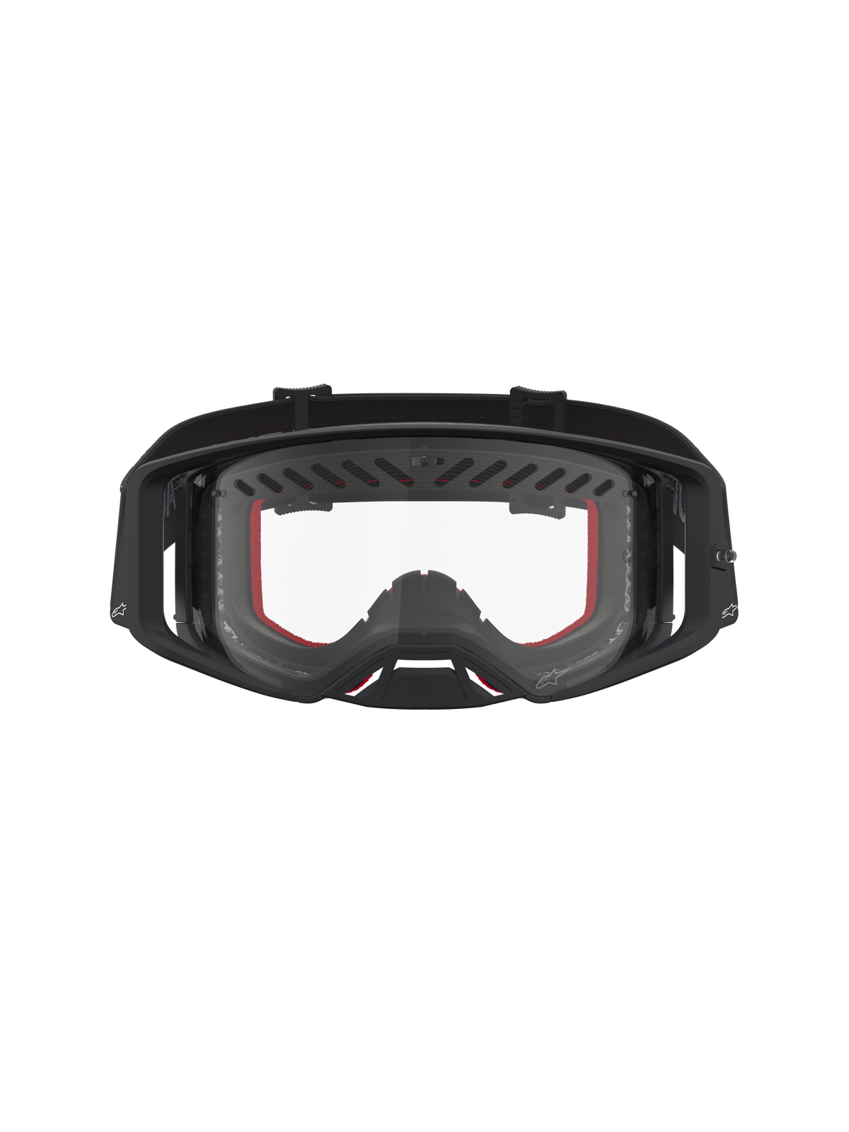 Alpinestars Supertech Dura Air Fluid Goggles, black and red motocross racing goggles with clear lens and ventilated frame.