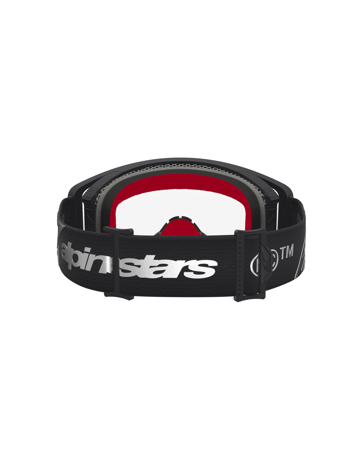 Alpinestars Supertech Dura Air Fluid Motocross Goggles in black and silver with clear lens and red interior padding.