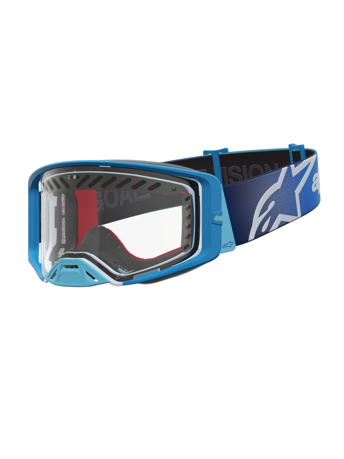 Gafas Alpinestars Supertech Dura Air Fluid para motocross, azul degradado y plateado, lente transparente y diseño off-road.
