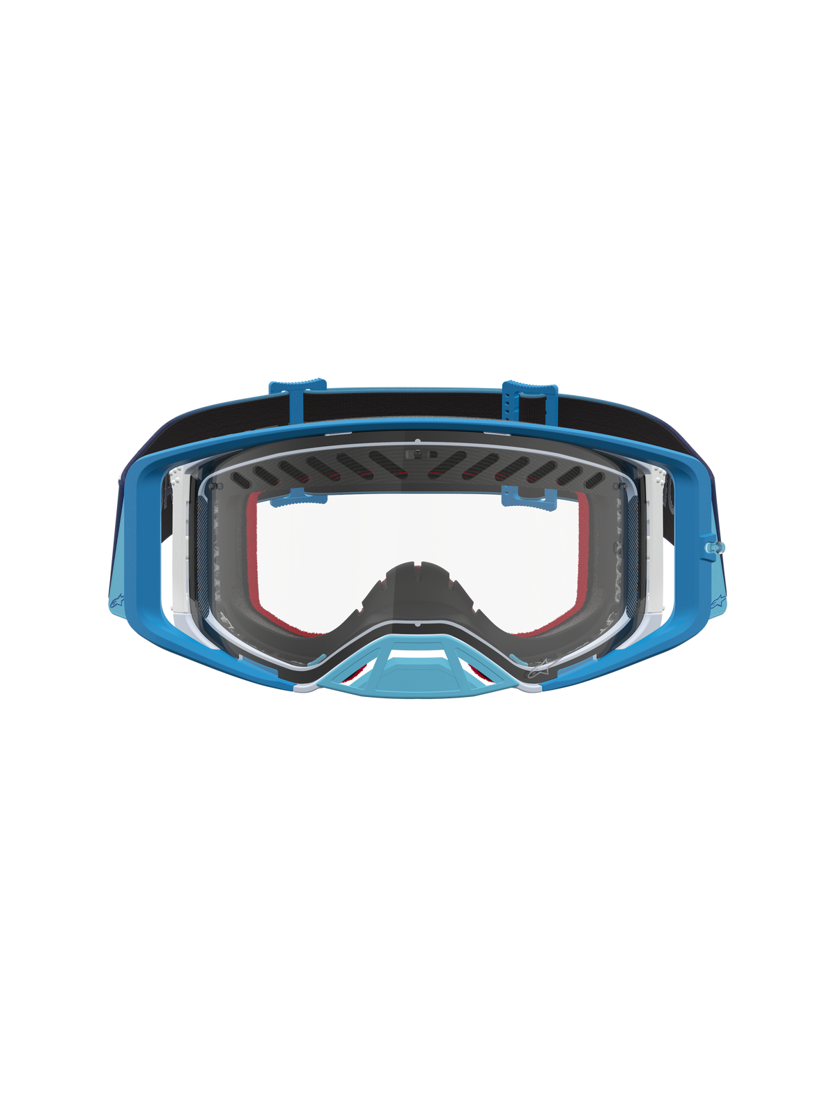 Alpinestars Supertech Dura Air Fluid, gafas de motocross en azul degradado y gris, lente transparente para competición.