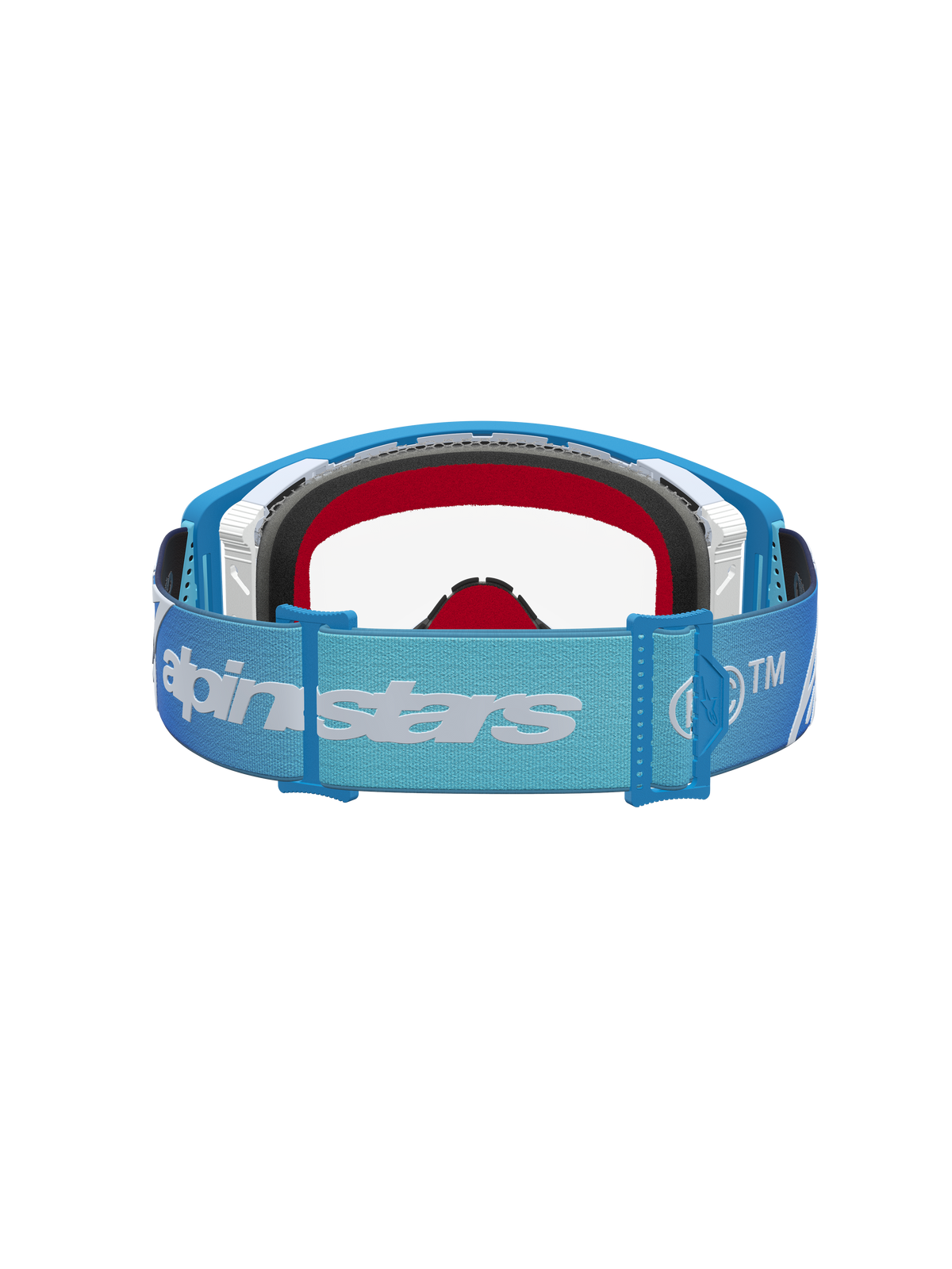 Alpinestars Supertech Dura Air Fluid, gafas de motocross en azul y plateado con lente clara y correa ajustable con logotipo.