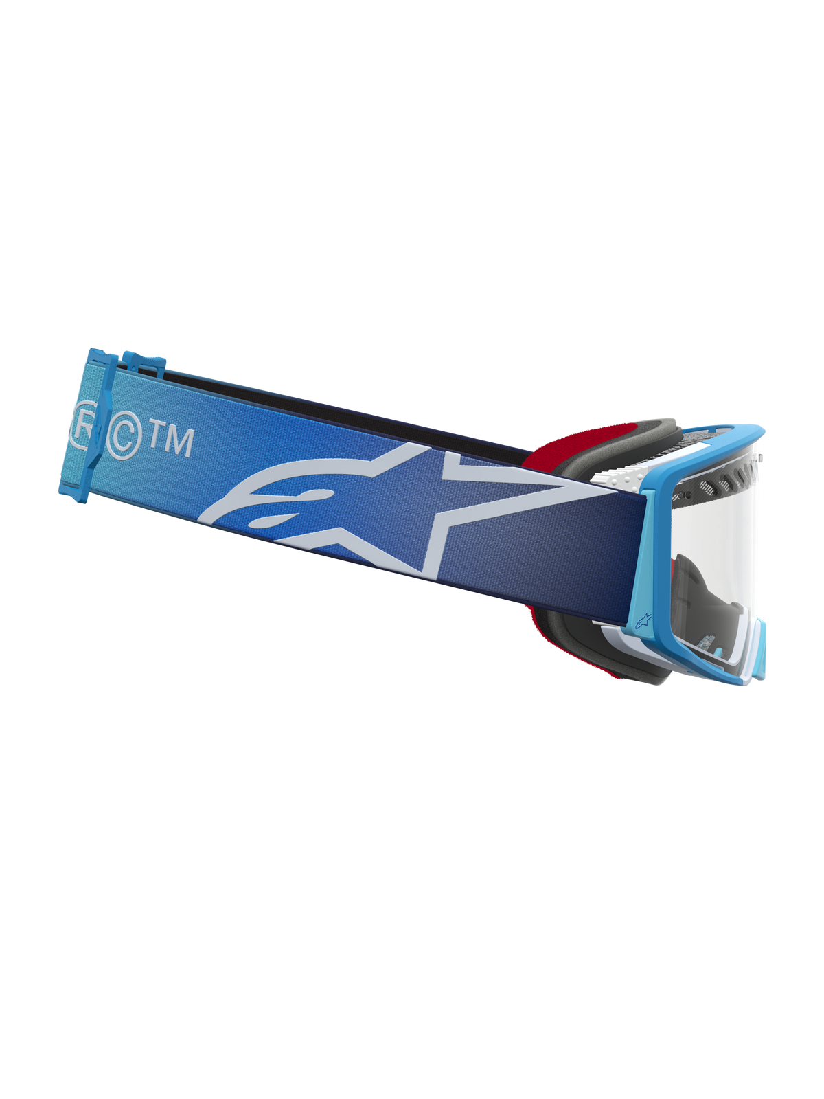 Gafas Alpinestars Supertech Dura Air Fluid, gafas de motocross, azul degradado y blanco, lente transparente, correa ancha con logotipo de estrella Astars