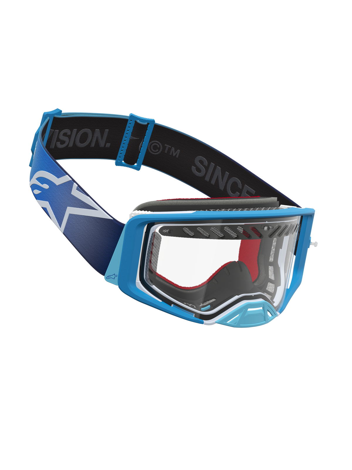 Alpinestars Supertech Dura Air Fluid, gafas de motocross, azules y blancas, con lente transparente y correa ancha.