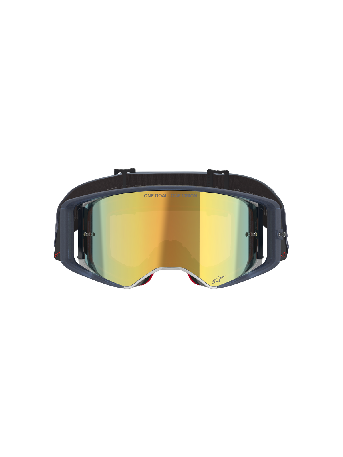 Gafas Alpinestars Supertech Vision Vista, gafas de motocross, Black Mirror Gold, vista frontal con lente de espejo dorada y montura oscura, gafas de competición profesional para off-road con el texto 'ONE GOAL. ONE VISION.' y detalles del logotipo.