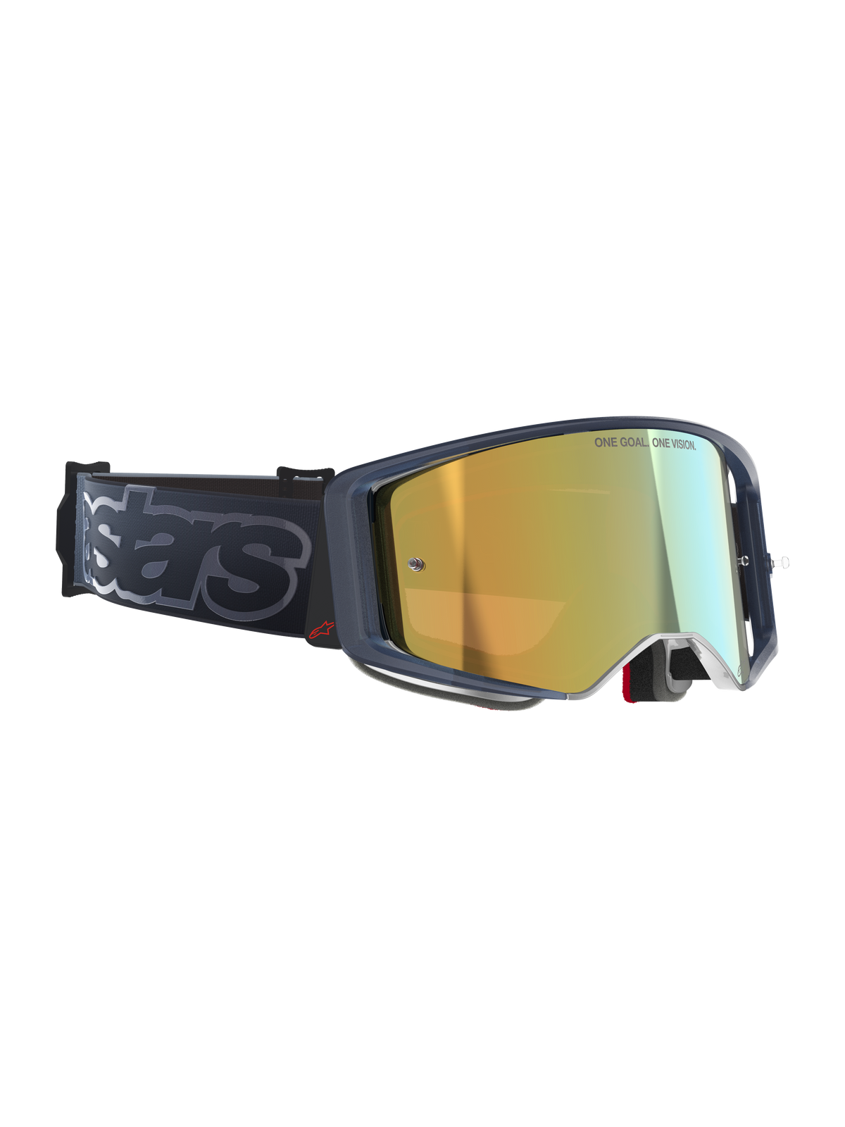 Gafas Alpinestars Supertech Vision Vista, gafas de motocross, Black Mirror Gold, lente de espejo dorada con la inscripción 'ONE GOAL. ONE VISION.', montura oscura con detalles del logo en rojo, correa negra ancha con marca 'stars' en gris, protección ocular de alto rendimiento para off-road