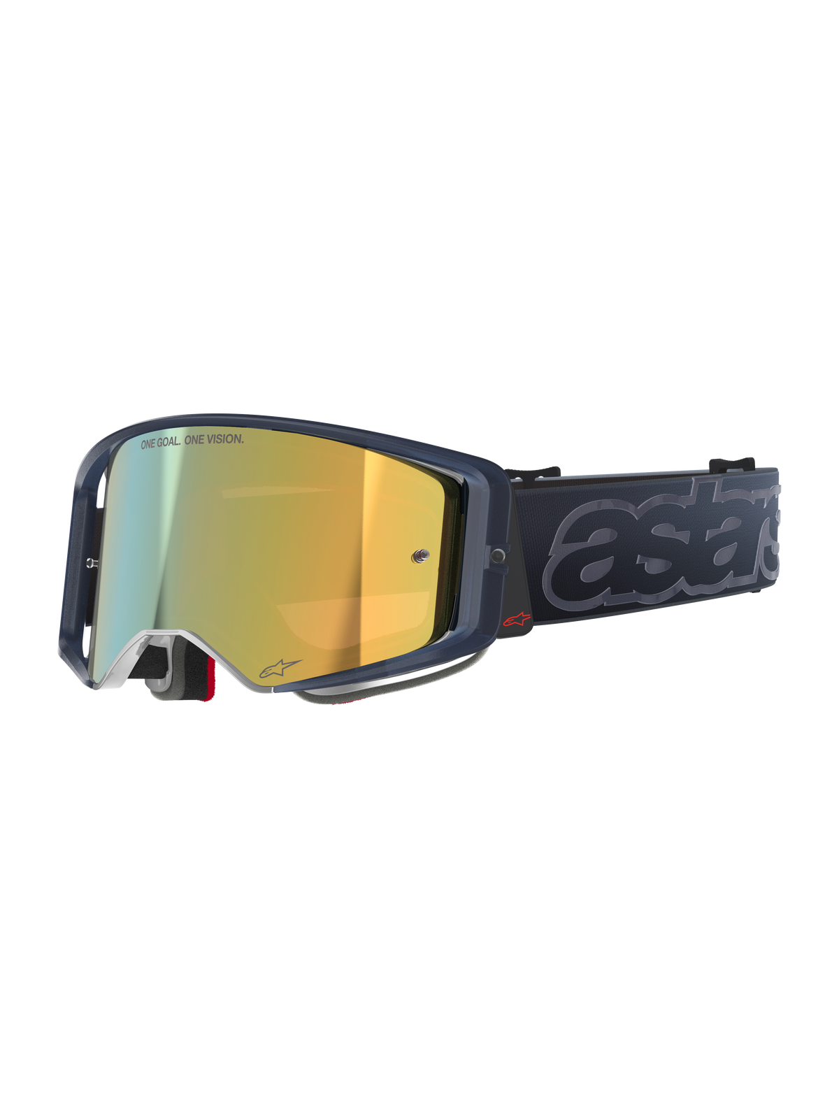 Gafas Alpinestars Supertech Vision Vista, gafas de motocross MX, combinación de colores Black Mirror Gold, montura traslúcida oscura, lente de espejo dorado con el texto "ONE GOAL. ONE VISION.", correa negra con la marca "astars" gris grabada en relieve
