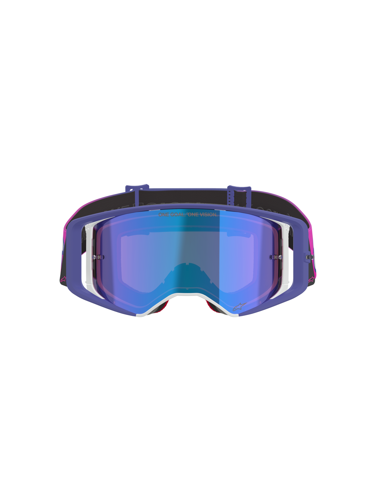 Gafas Alpinestars Supertech Vision Vista, gafas de motocross, púrpura, rosa flúor y azul espejo, vista frontal con lente con tinte azul espejo, montura púrpura con detalles blancos y correa rosa vibrante y negra con el logotipo de Alpinestars