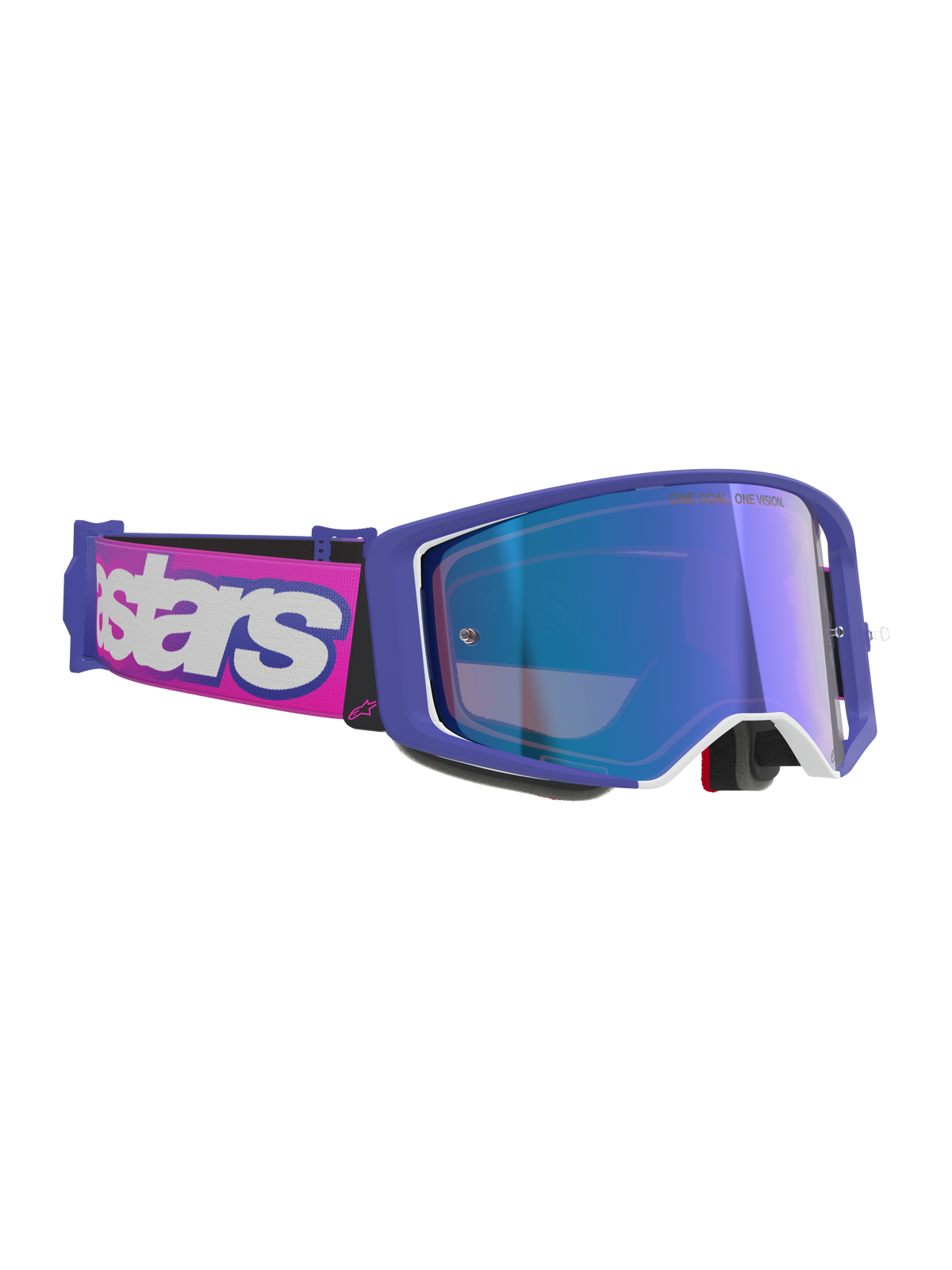 Gafas Alpinestars Supertech Vision Vista, gafas de motocross, montura púrpura y rosa fluorescente con lente de espejo azul, correa rosa con el logotipo de Alpinestars en blanco, equipo de protección visual profesional para off-road