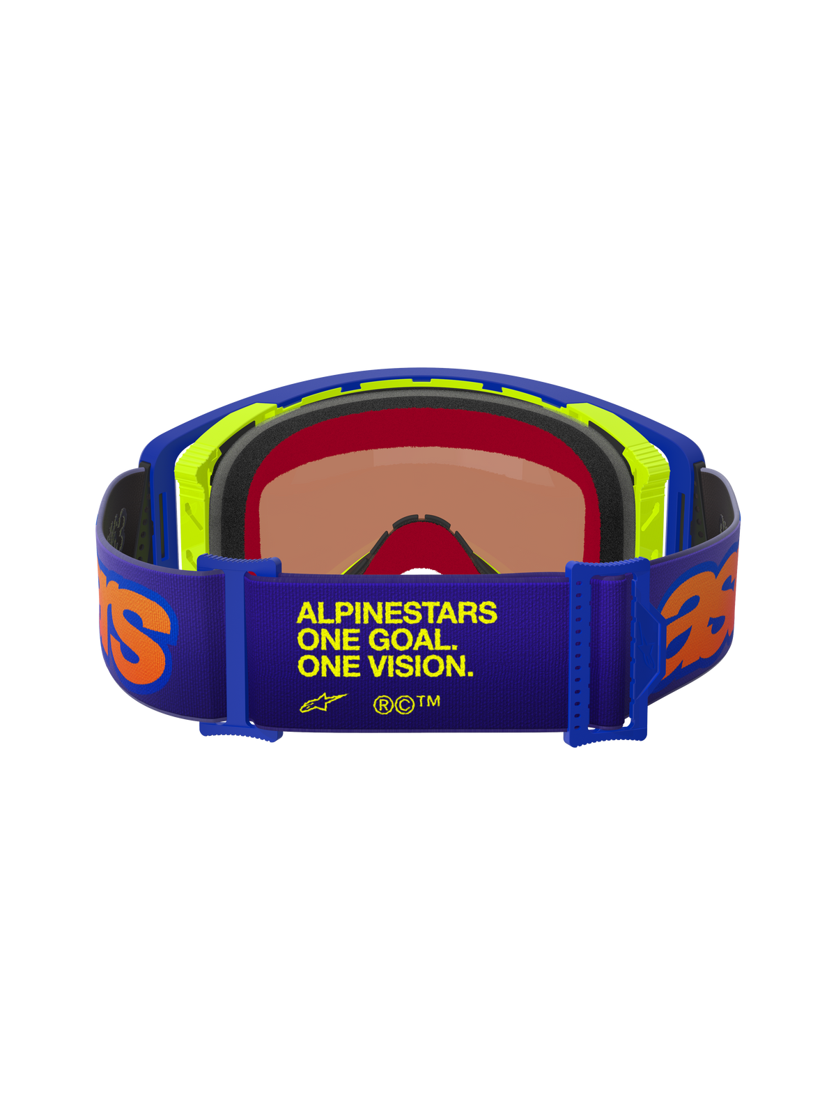 Gafas Alpinestars Supertech Vision Vista, vista trasera, correa morada con texto "ONE GOAL. ONE VISION." en amarillo y logotipos naranjas, montura azul y amarillo neón, espuma facial multicapa, lente de espejo roja, gafas de motocross profesionales