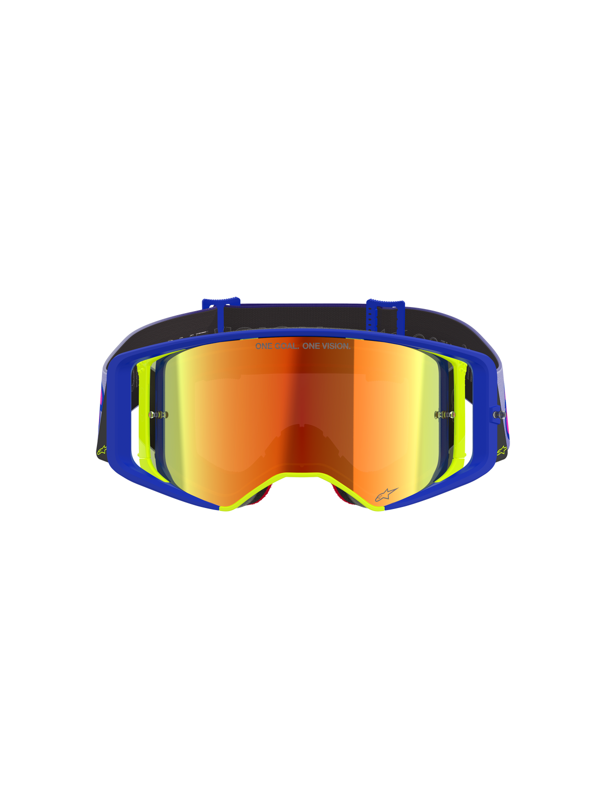 Gafas Alpinestars Supertech Vision Vista, gafas de motocross, montura azul y amarilla con lente de espejo roja, con reflejos púrpuras y naranjas, texto 'ONE GOAL. ONE VISION.' en la lente, gafas profesionales de alto rendimiento para off-road