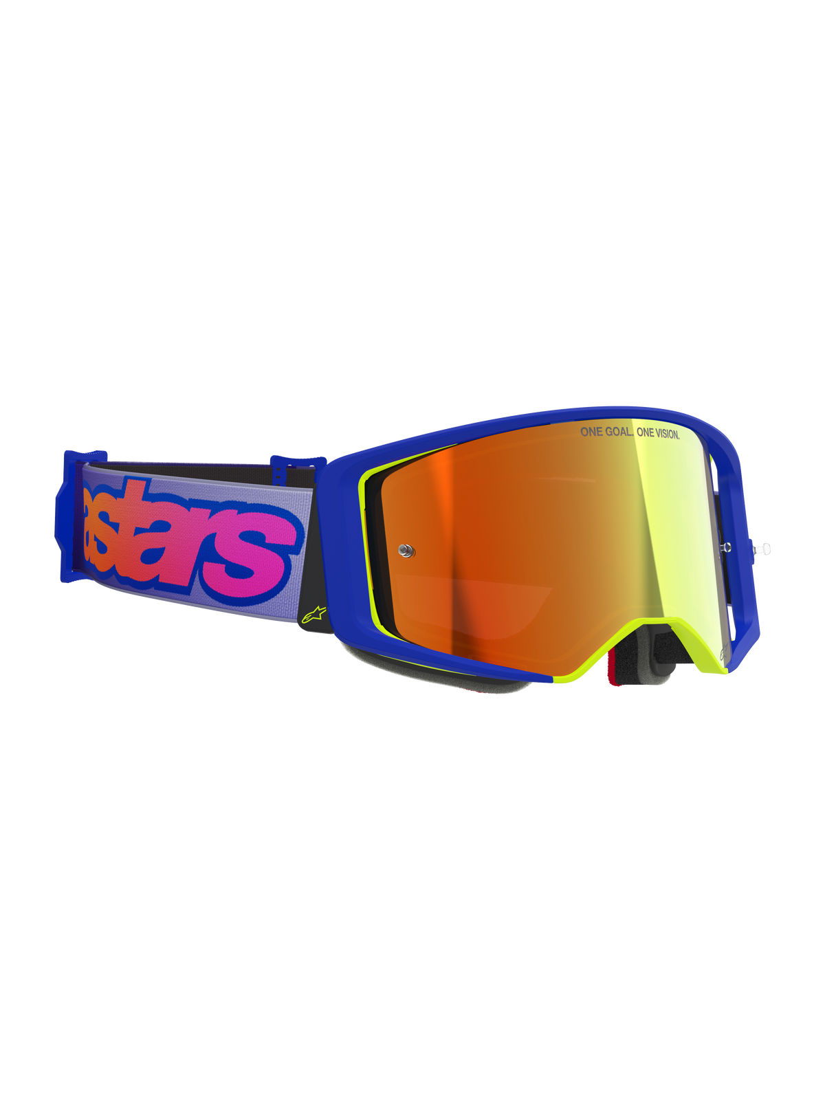 Gafas Alpinestars Supertech Vision Vista, gafas de motocross, montura azul y amarilla con lente de espejo roja, correa morada con el logotipo de Alpinestars en rosa llamativo, gafas profesionales para competición off-road