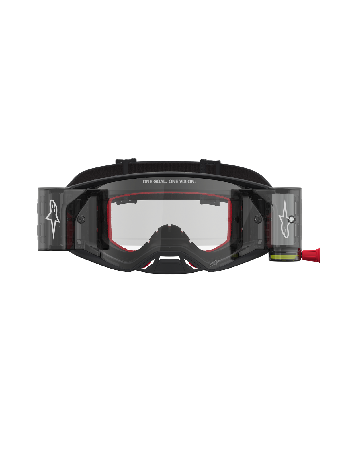 Alpinestars Supertech Firma Roll Off, gafas de motocross para competición, negras y plateadas con detalles rojos, lente transparente y sistema roll off integrado
