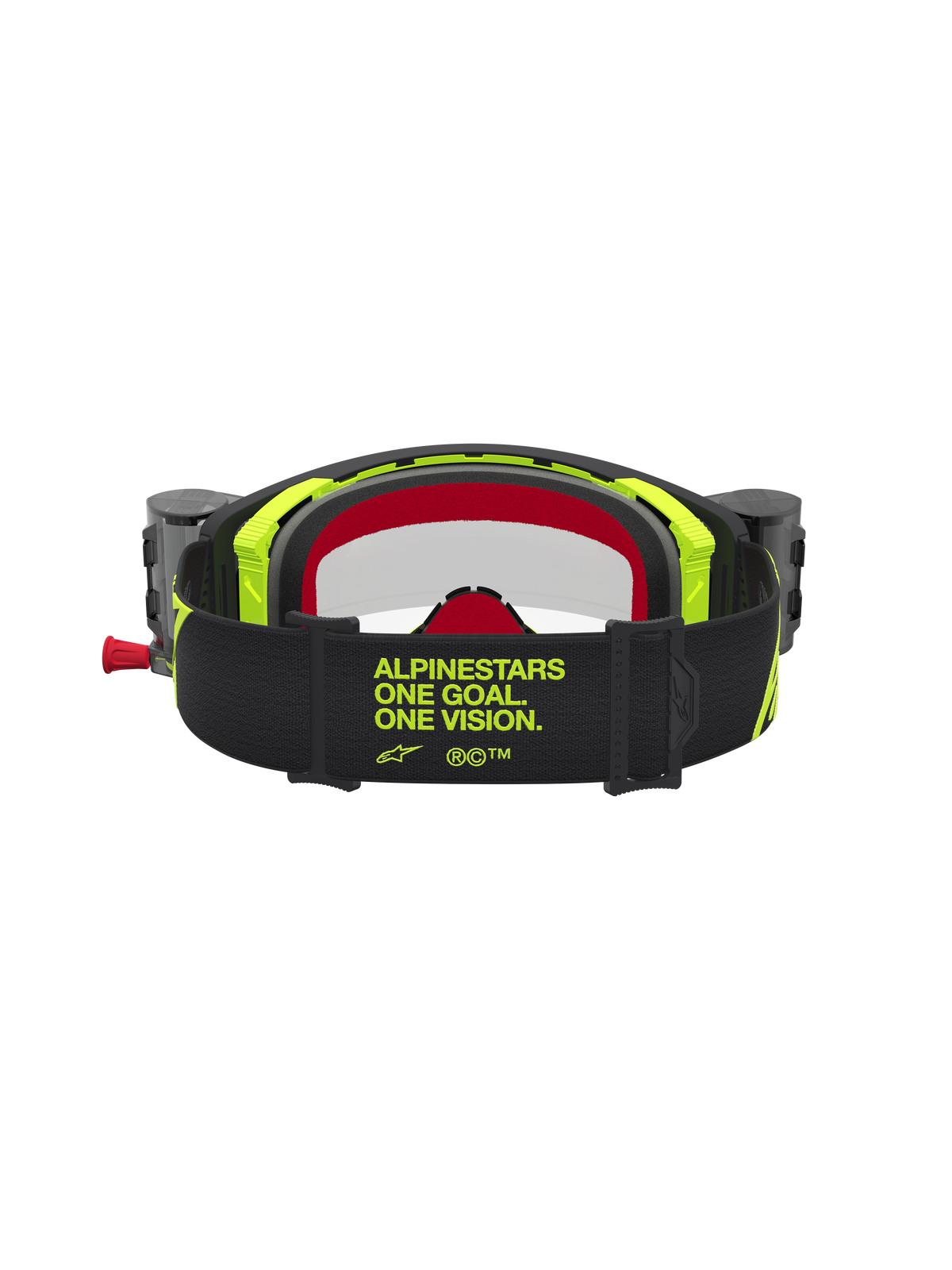 Gafas Alpinestars Supertech Firma con sistema Roll Off para motocross, negro y amarillo flúor, vista trasera de la correa.