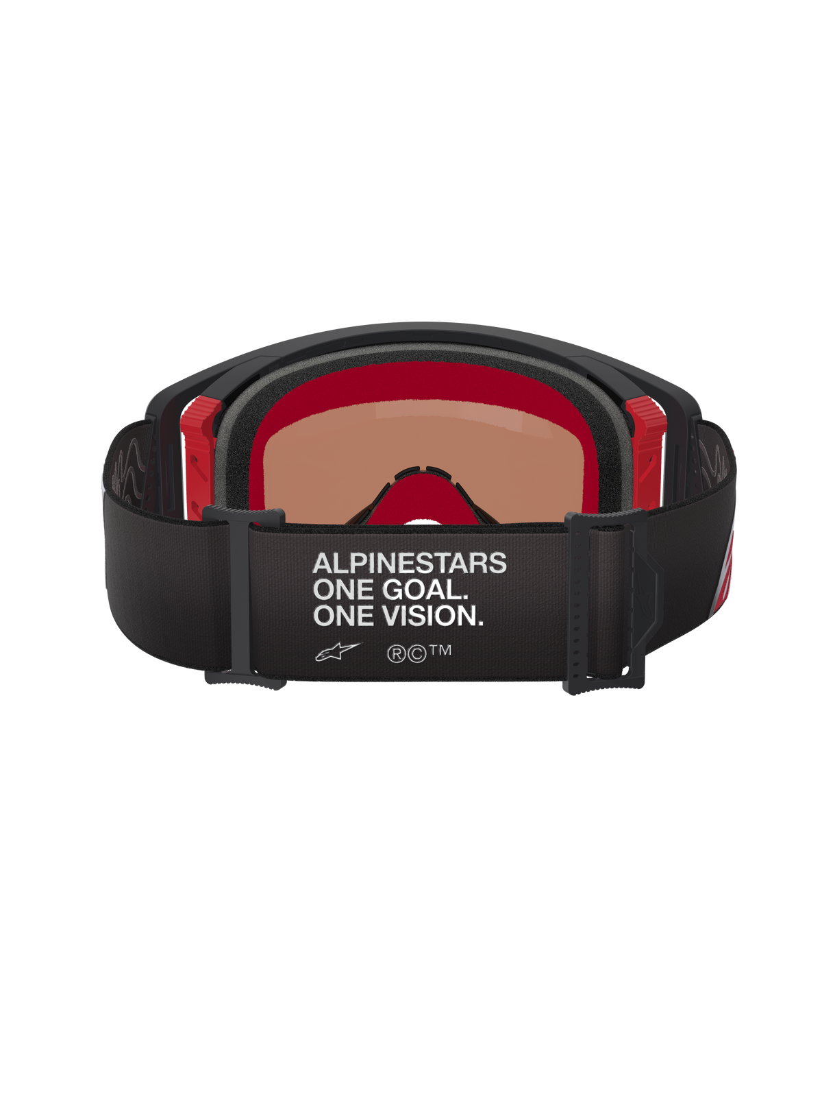 Gafas Alpinestars Supertech Corp Absolute Vision, vista posterior, negro y rojo, con el texto blanco 'ALPINESTARS ONE GOAL. ONE VISION.' en una correa negra ancha, detalles en rojo en el marco interior, gafas profesionales de motocross