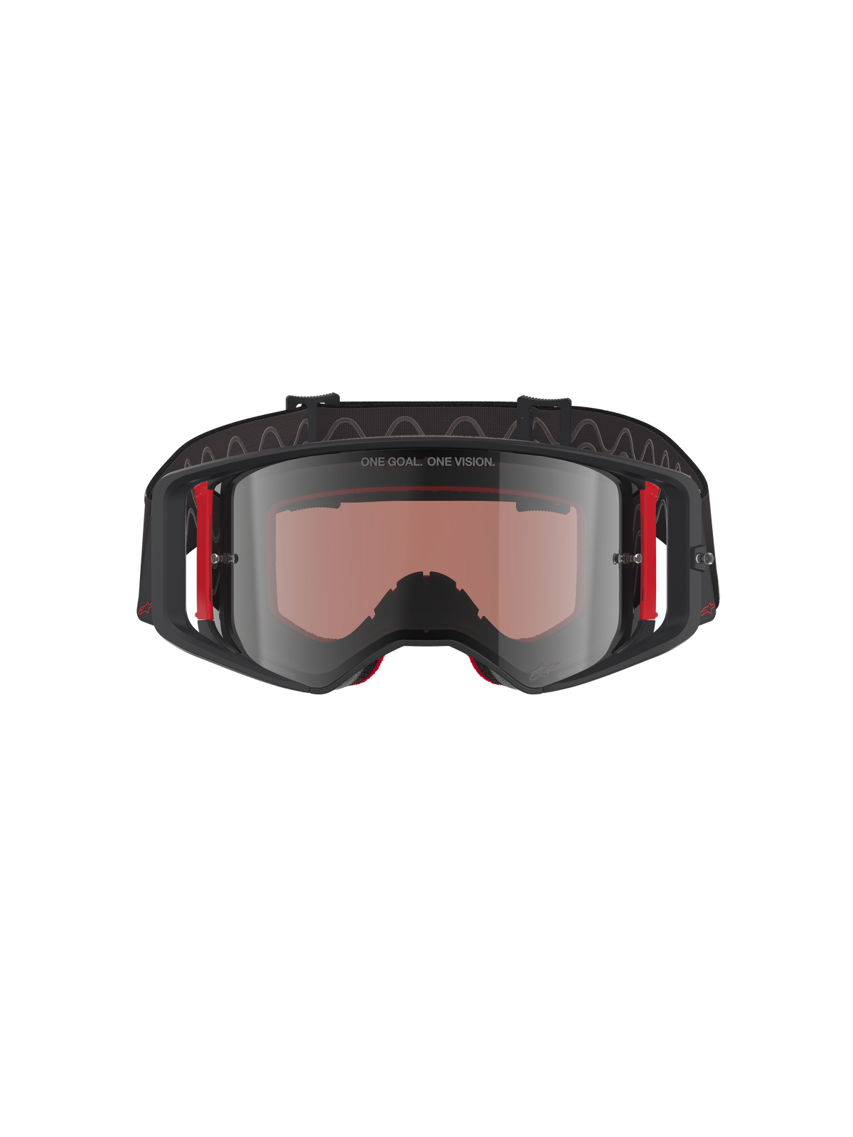 Gafas Alpinestars Supertech Corp Absolute Vision, gafas de motocross, montura negra y roja con lente plateada espejada, con el texto 'ONE GOAL. ONE VISION.' en la parte superior y detalles laterales rojos, protección ocular de nivel profesional para motocross