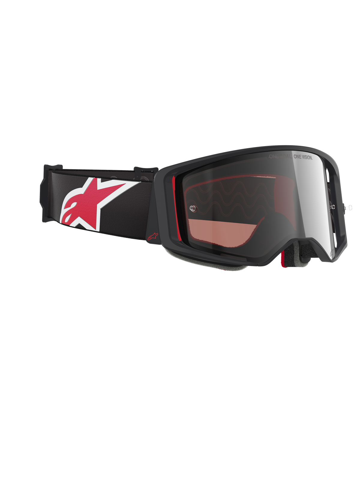 Alpinestars Supertech Corp Goggles Absolute Vision, gafas de motocross, negro y rojo con lente espejo plateada, perfil angulado que muestra la correa negra con un gran logotipo de estrella en rojo y blanco, diseño de montura estilizado para rendimiento off-road