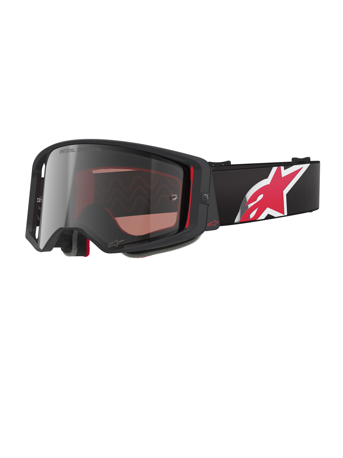 Alpinestars Supertech Corp Goggles Absolute Vision, gafas de motocross, negras y rojas con lente de espejo plateada, con el eslogan "ONE GOAL. ONE VISION.", correa negra con logotipo de estrella roja y blanca, diseño de montura angular con acolchado de espuma, protección ocular premium para off-road