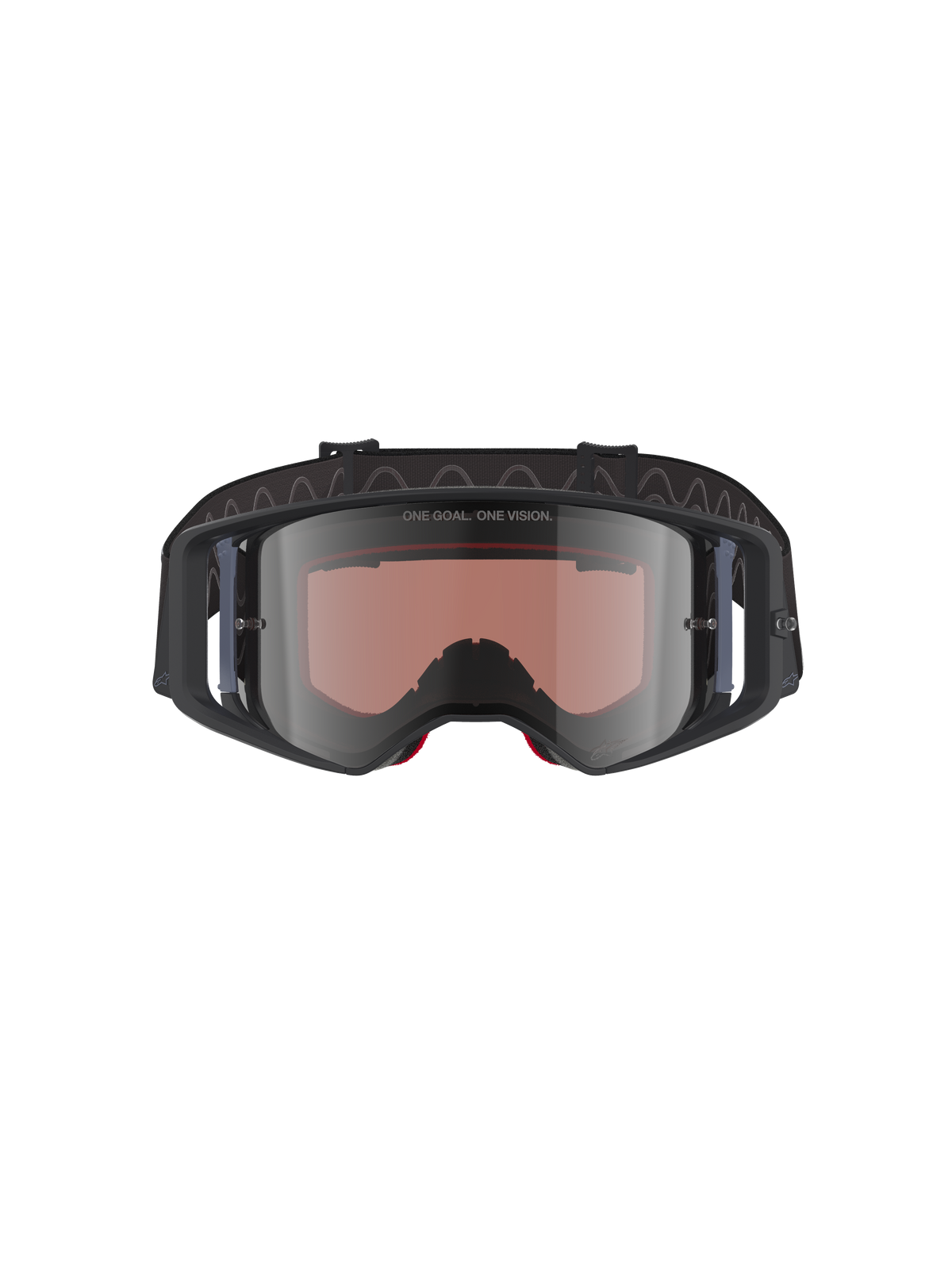 Gafas Alpinestars Supertech Corp Absolute Vision, gafas de motocross en color negro y gris con espejo plateado, con el texto "ONE GOAL. ONE VISION." en la lente, lente de policarbonato de visión amplia, protección ocular de alto rendimiento para carreras todoterreno