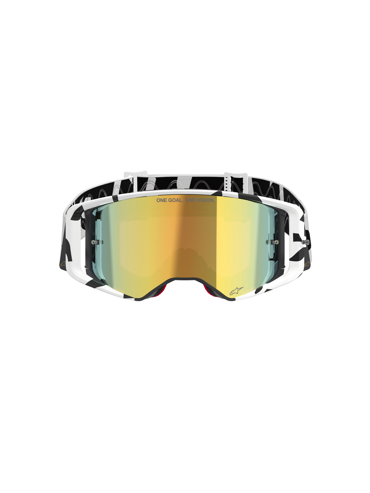 Gafas Alpinestars Supertech Corp Absolute Vision, gafas de motocross, blanco y espejo dorado, con montura y correa con gráficos en blanco y negro, lente de espejo dorado con el texto 'ONE GOAL. ONE VISION.', gafas de alto rendimiento para off-road
