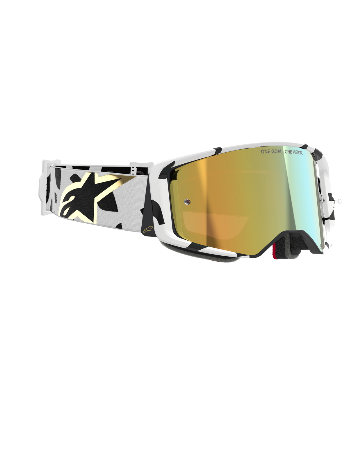 Alpinestars Supertech Corp Goggles Absolute Vision, gafas de motocross, montura blanca con patrones gráficos negros, lente de espejo dorado, correa blanca y negra con el logotipo de Alpinestars en dorado, equipo de protección de alto rendimiento para competición.