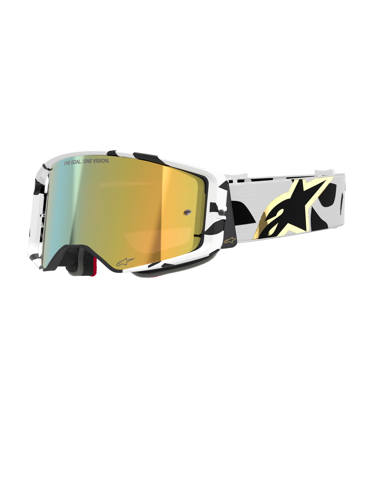 Alpinestars Supertech Corp Goggles Absolute Vision, gafas de motocross, montura con patrón blanco y negro con lente de espejo dorada, correa ancha con diseño abstracto negro y logotipo Alpinestars dorado, marca "ONE GOAL. ONE VISION." en la lente, equipamiento de carreras de alto rendimiento.