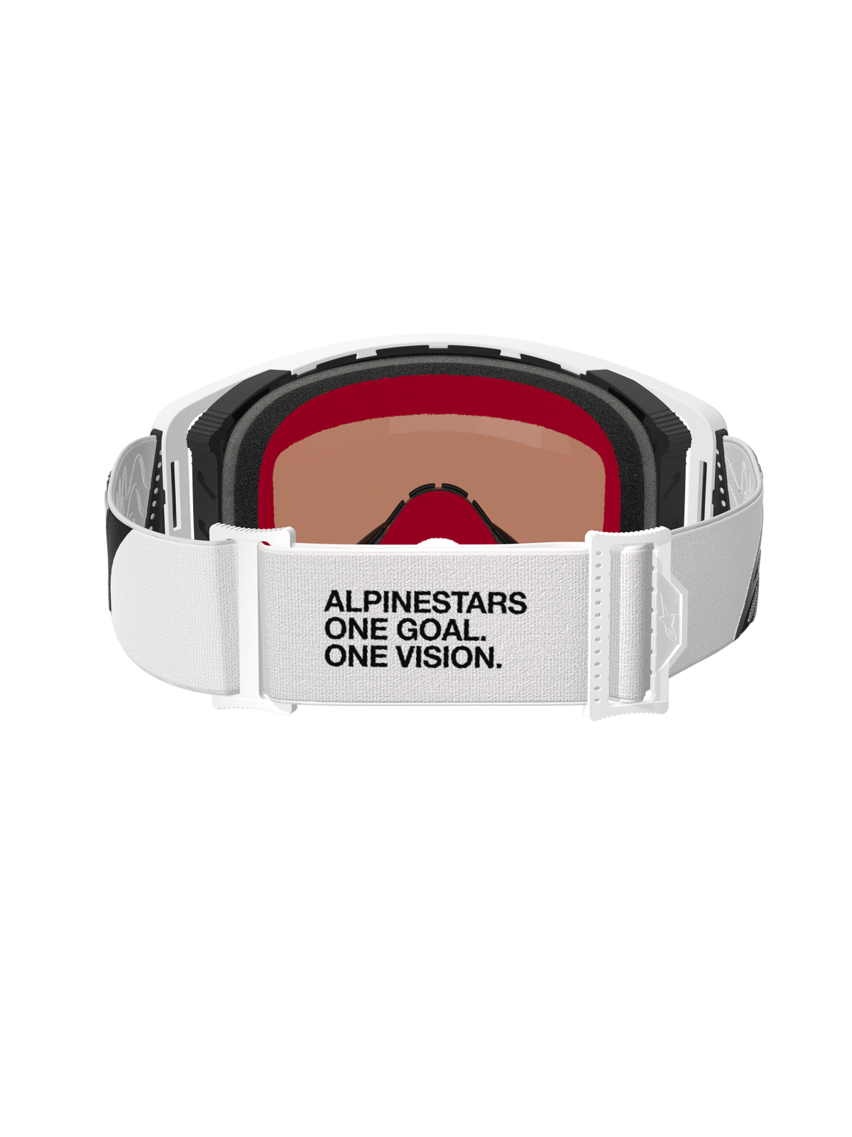 Alpinestars Supertech Corp Goggles Absolute Vision, gafas de motocross, blanco y espejo plateado, vista trasera que muestra la correa blanca con el texto 'ALPINESTARS ONE GOAL. ONE VISION.', espuma facial de múltiples capas y diseño de montura blanca elegante