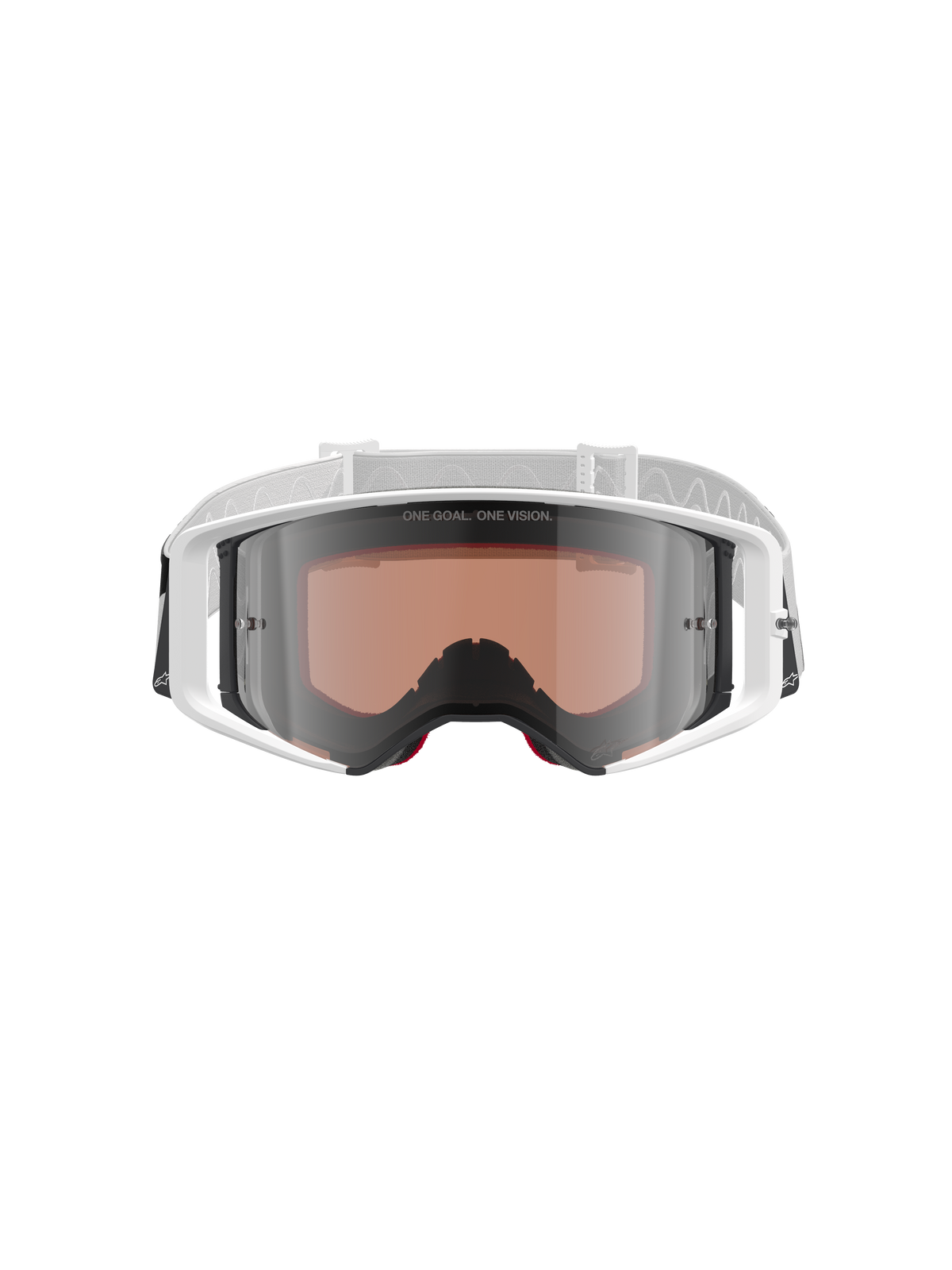 Gafas Alpinestars Supertech Corp Absolute Vision, gafas de motocross, blanco y plata espejo, vista frontal con montura blanca y lente plateada de espejo con el texto "ONE GOAL. ONE VISION.", correa blanca ajustable con el logo de Alpinestars, protección ocular de alto rendimiento para carreras off-road