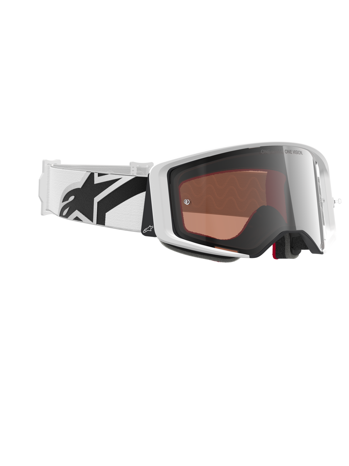 Gafas Alpinestars Supertech Corp Absolute Vision, gafas de motocross, blanco y plata espejo, con montura blanca y lente plateada reflectante, correa blanca ancha y ajustable con un llamativo logotipo de estrella en negro, gafas profesionales para carreras off-road