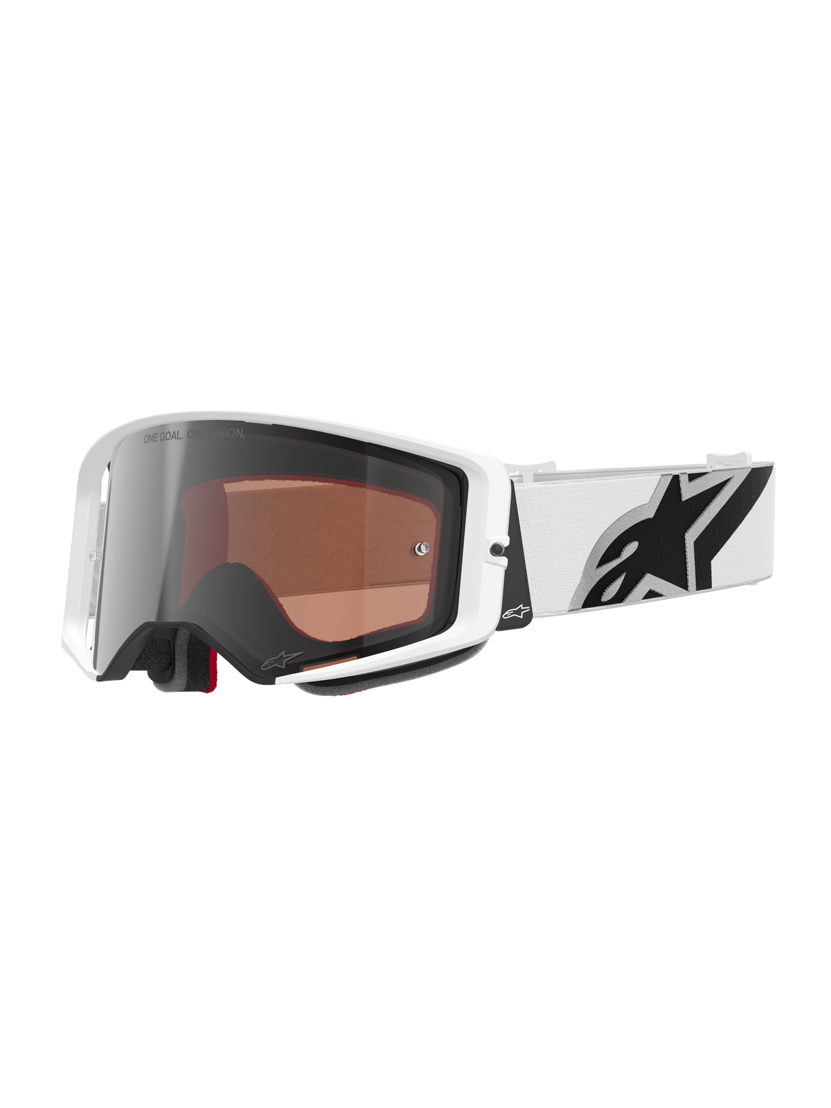 Alpinestars Supertech Corp Goggles Absolute Vision, gafas de motocross, montura blanca con lente de espejo plateado, correa blanca ancha y ajustable con un gran logotipo de estrella de Alpinestars en negro, equipo de protección de alto rendimiento para carreras todoterreno