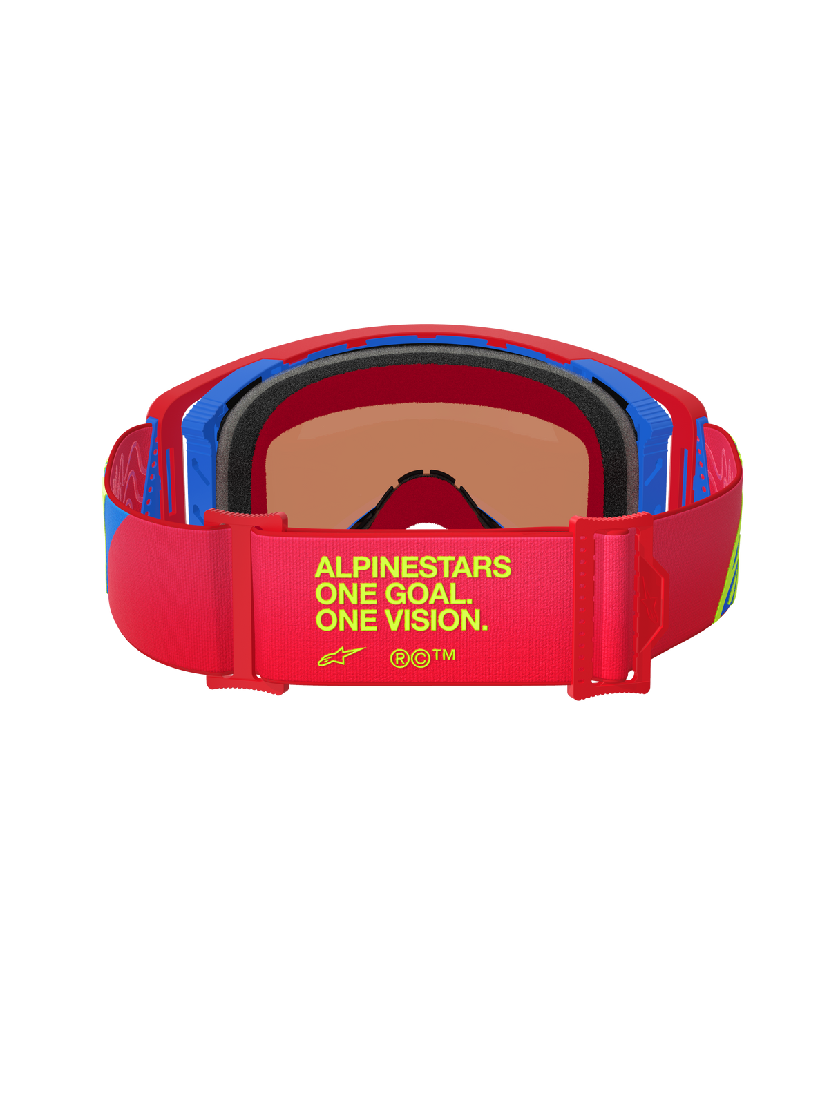 Gafas Alpinestars Supertech Corp Absolute Vision, vista trasera, montura roja y azul, correa elástica roja con el texto 'One Goal. One Vision.' en amarillo, espuma facial negra de múltiples capas, gafas de motocross de alto rendimiento