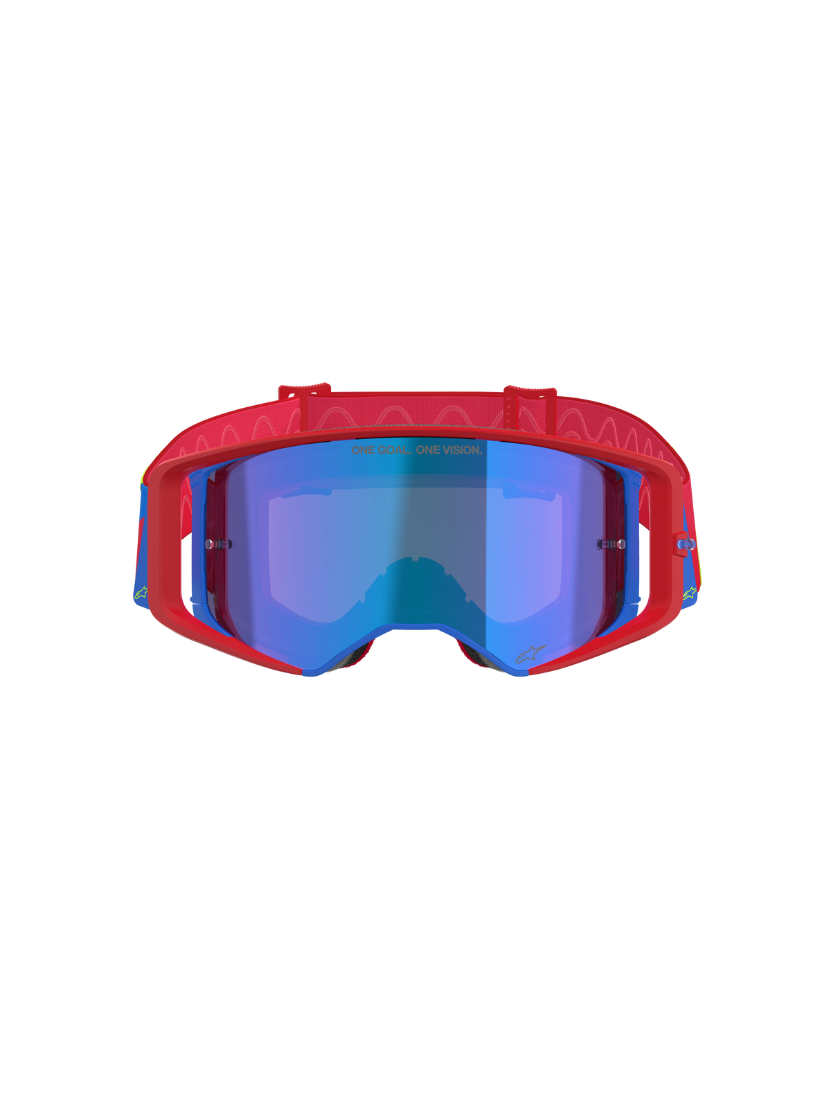 Gafas Alpinestars Supertech Corp Absolute Vision, gafas de motocross, rojas y azules con lente de espejo azul, con una llamativa montura roja con detalles azules, correa roja con patrón y el texto 'ONE GOAL... ONE VISION.' en la lente.
