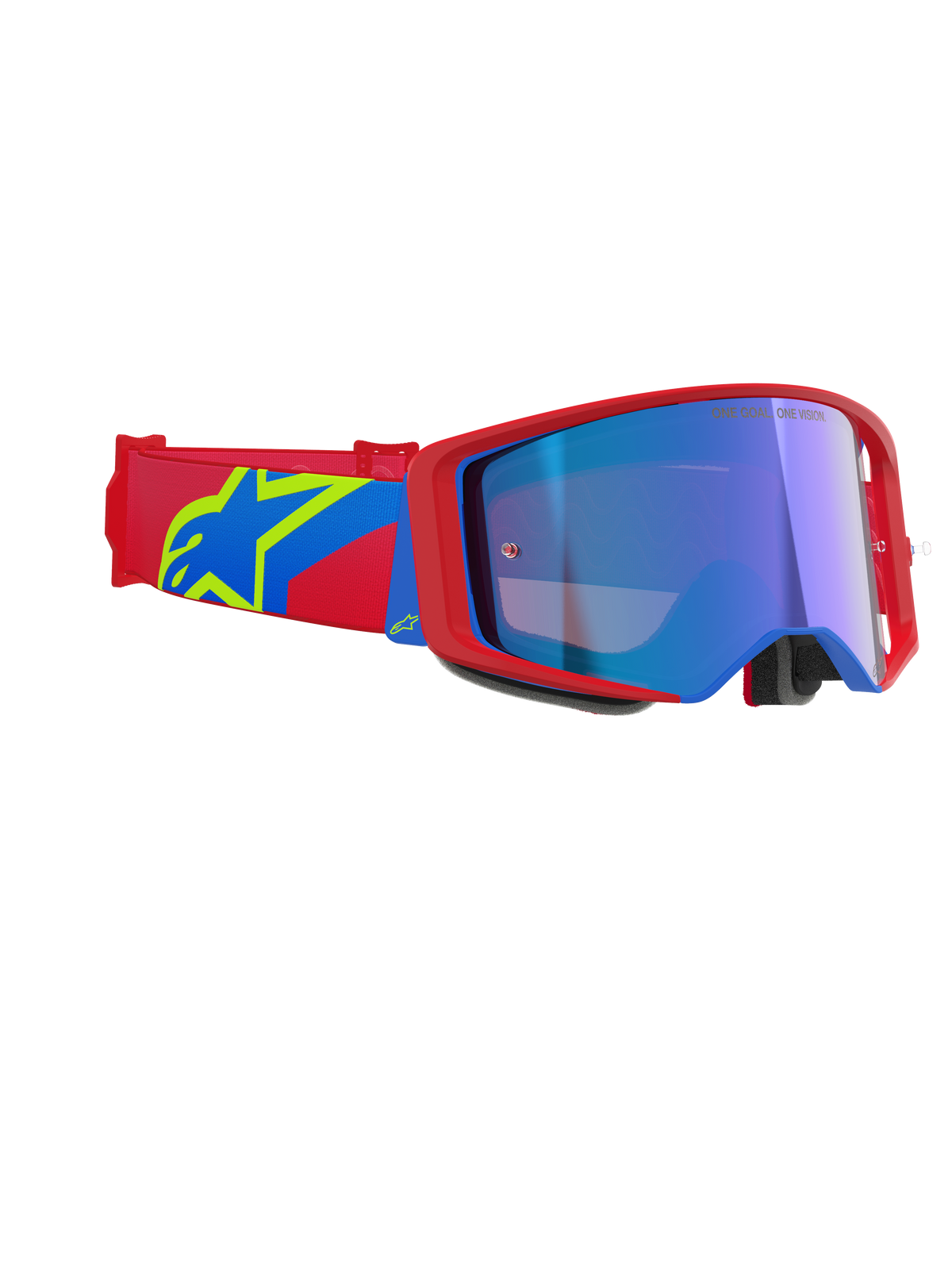 Gafas Alpinestars Supertech Corp Absolute Vision, gafas de motocross, montura roja y azul con lente azul de espejo, correa roja y azul con logotipo de estrella Alpinestars en amarillo, gafas profesionales para carreras off-road