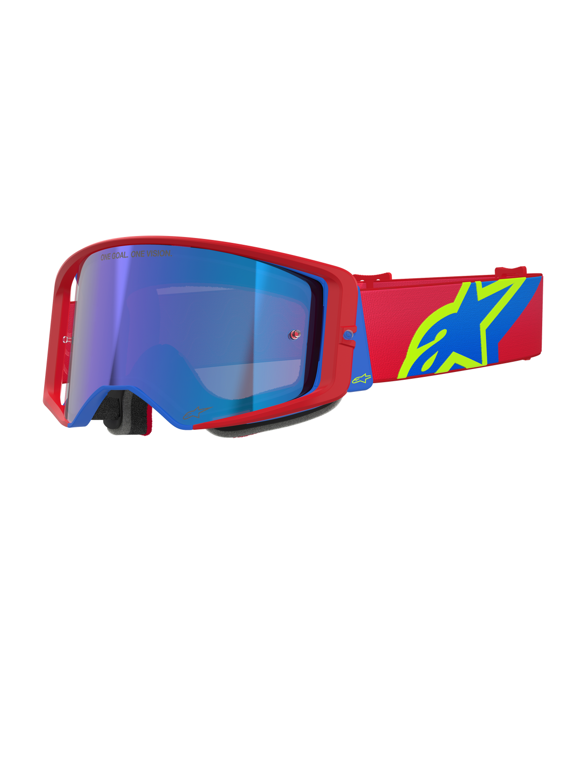 Gafas Alpinestars Supertech Corp Absolute Vision, gafas de motocross, montura roja y azul con lente de espejo azul, correa roja con un llamativo logotipo de Alpinestars en amarillo y azul, protección ocular de alto rendimiento para off-road y competición
