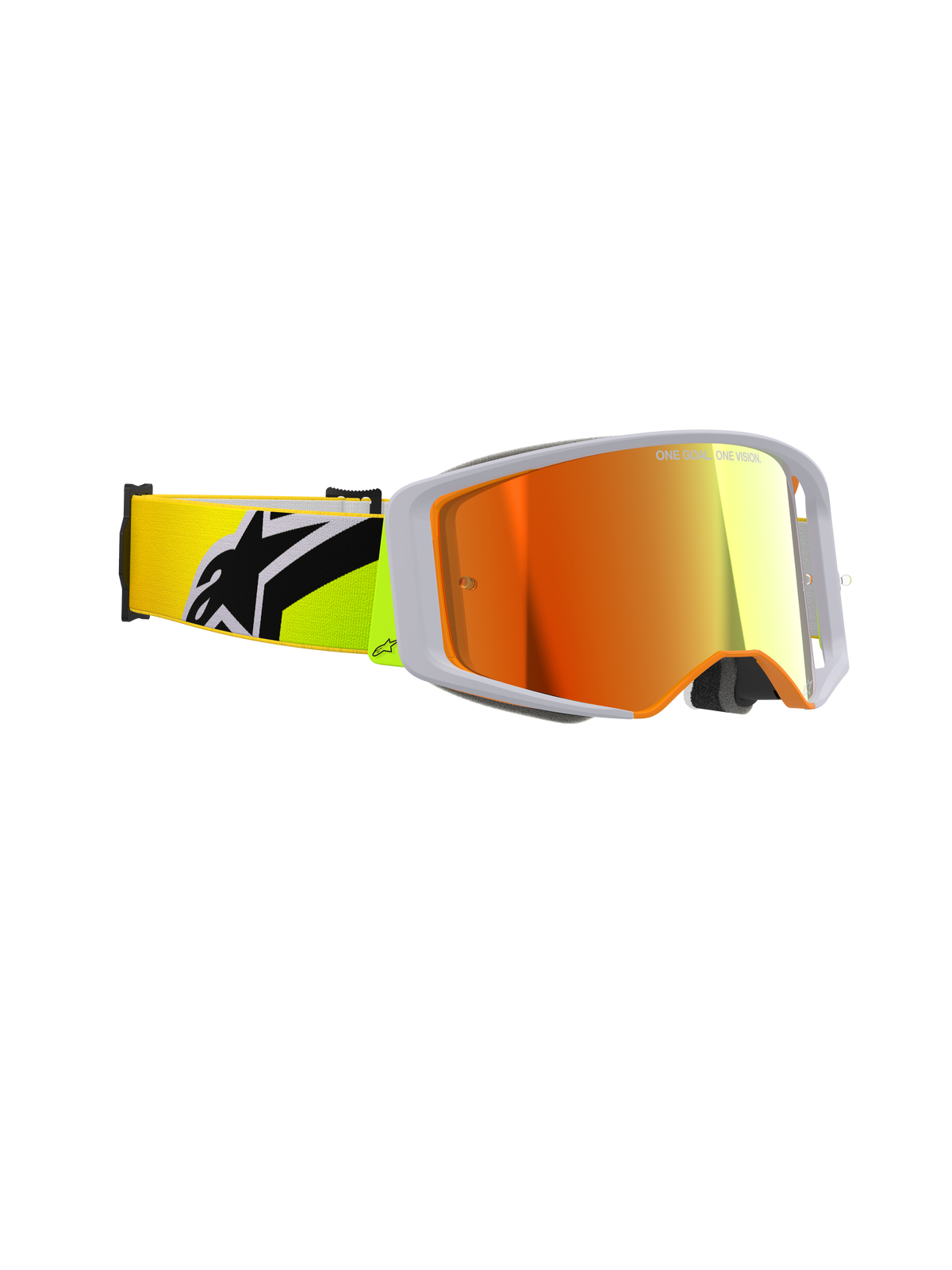 Gafas Alpinestars Supertech Corp Absolute Vision, gafas de motocross, amarillo flúor y gris, lente roja de espejo, vista lateral que destaca una amplia visión periférica y una correa amarillo flúor con un llamativo logotipo de Alpinestars en negro, equipamiento profesional para carreras off-road.