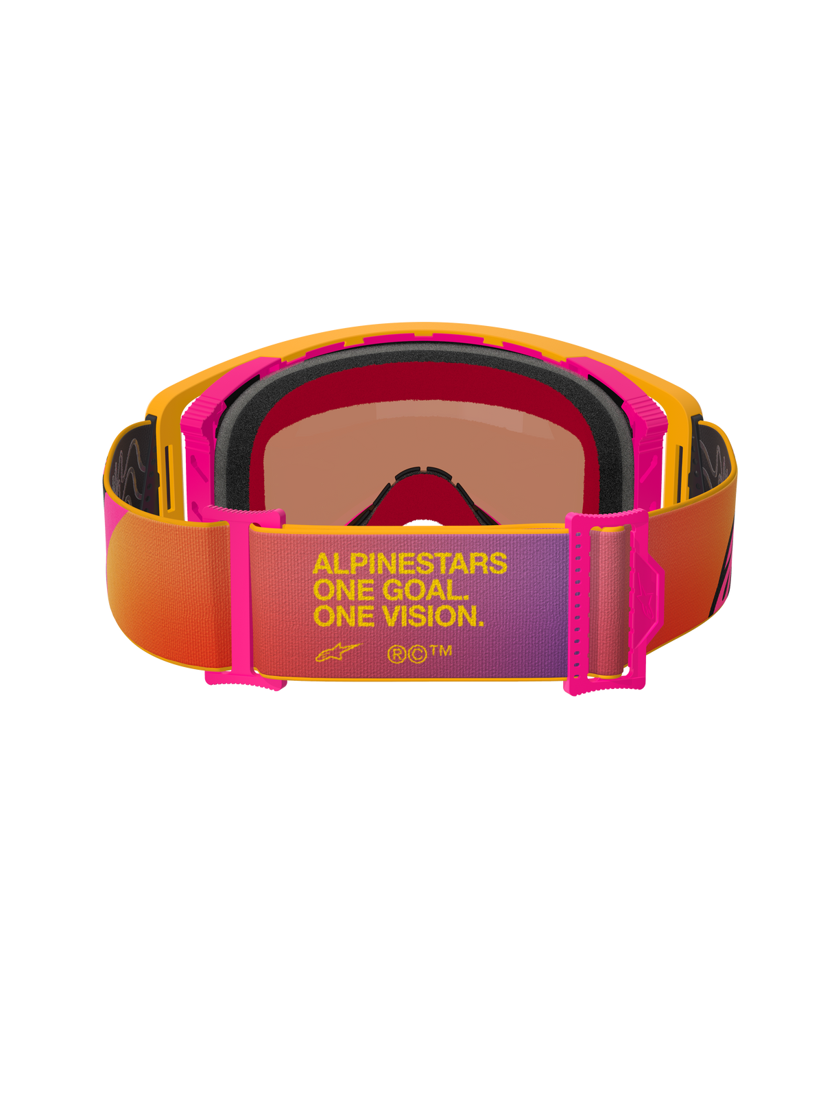 Alpinestars Supertech Corp Goggles Absolute Vision, Motocross Goggles, Yellow and Pink frame with multi-colored gradient strap, rear view showing black multi-layer face foam and 'ALPINESTARS ONE GOAL. ONE VISION.' text, high-performance off-road eye protection